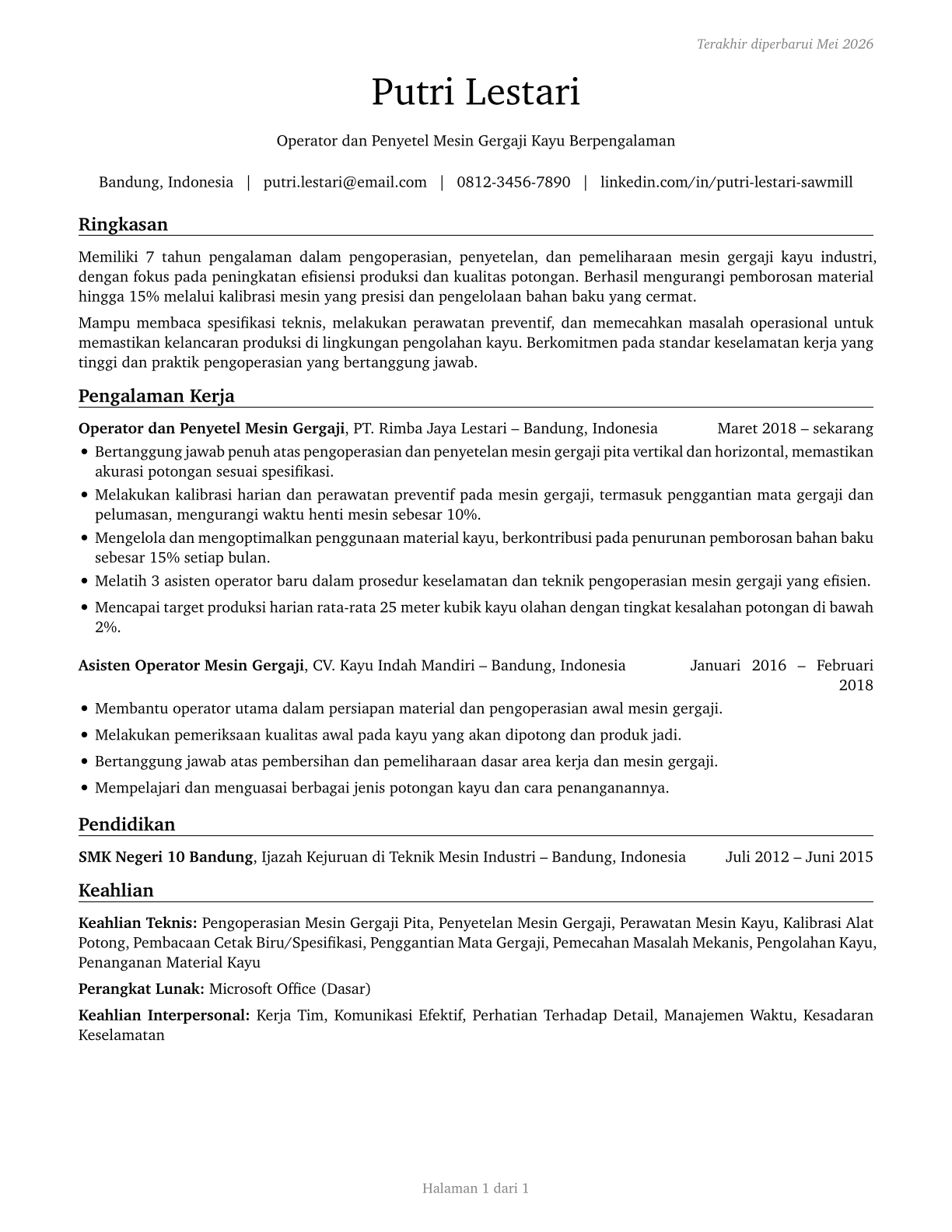 Sawing Machine Setters, Operators, and Tenders, Wood CV in Indonesian — page 1