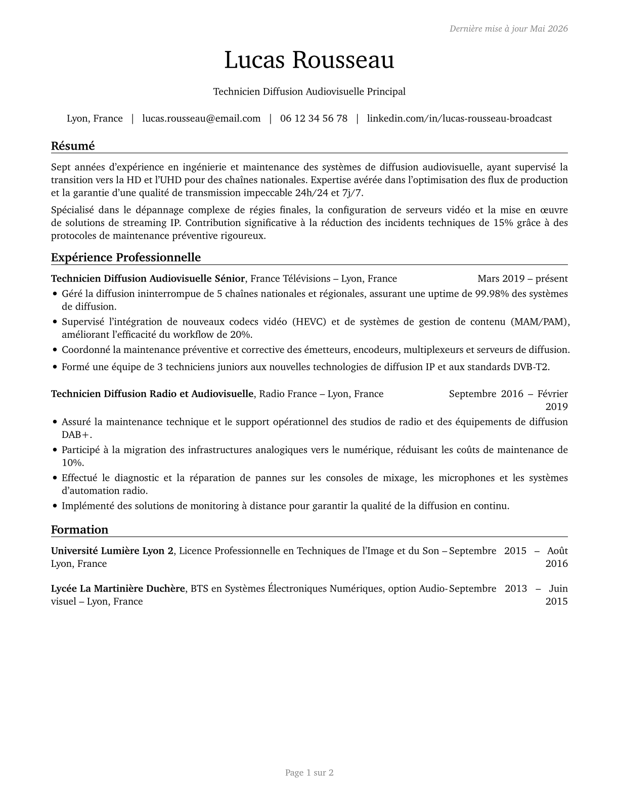 Broadcast Technicians CV in French — page 1
