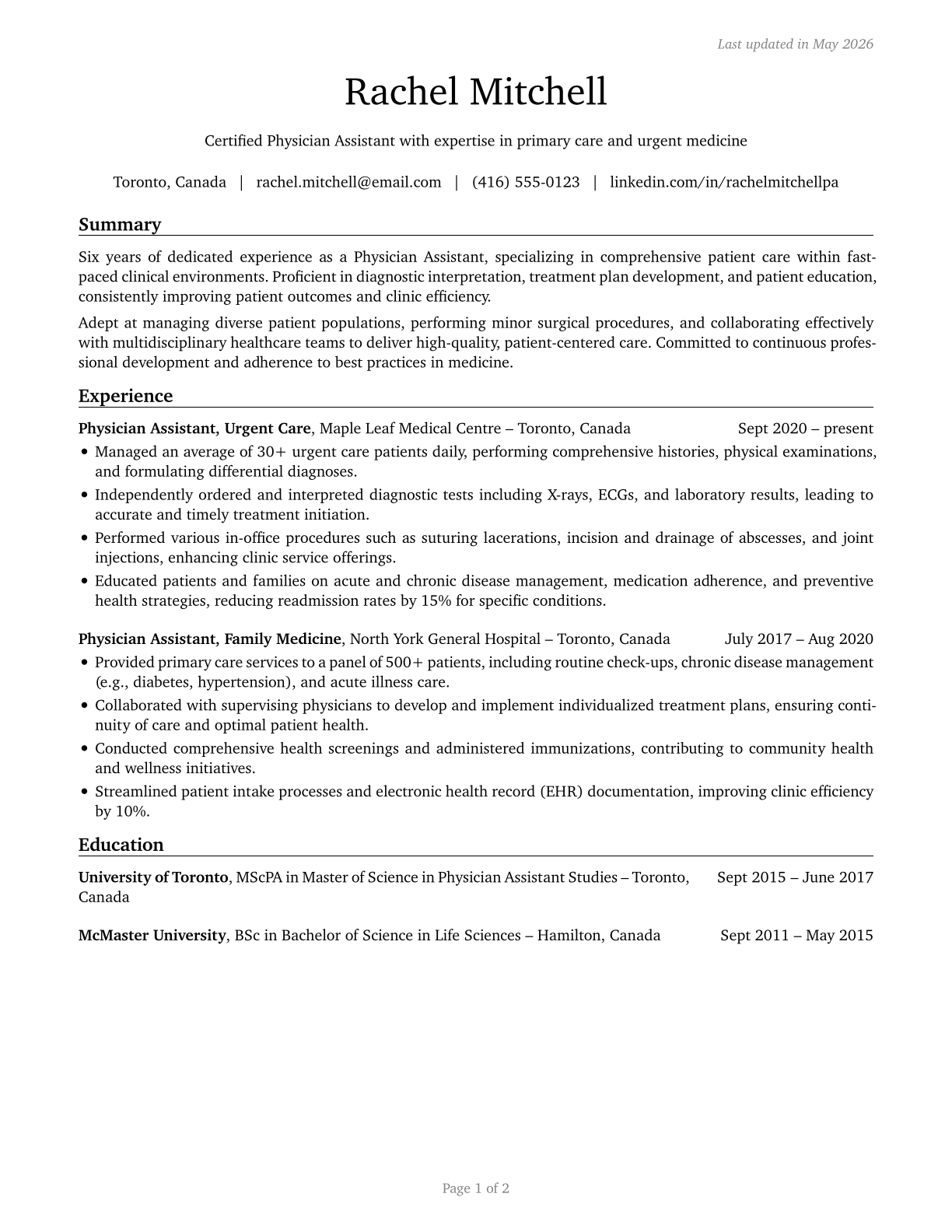 Physician Assistants CV in English — page 1