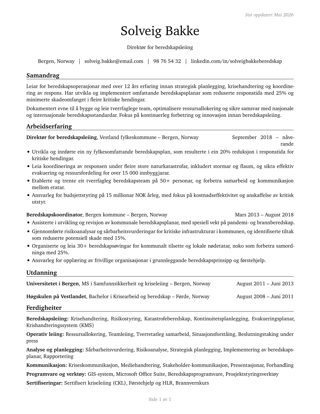 Emergency Management Directors CV in Norwegian_nynorsk — page 1