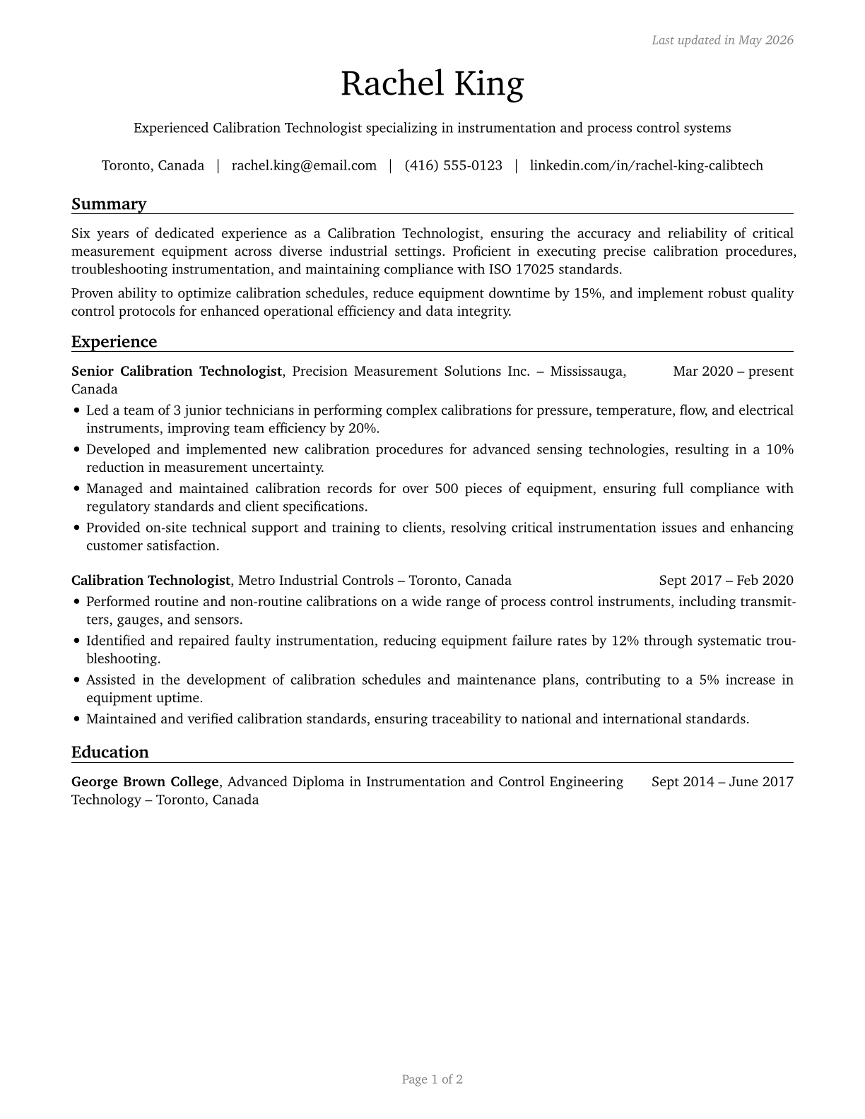 Calibration Technologists and Technicians CV in English — page 1