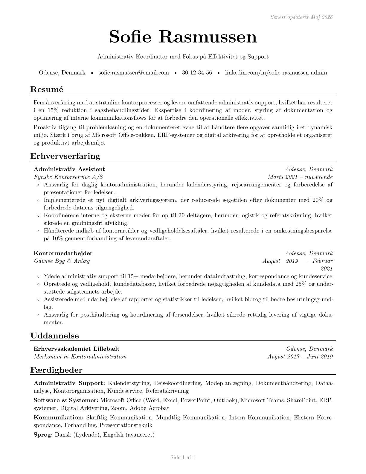 Office and Administrative Support Workers, All Other CV in Danish — page 1