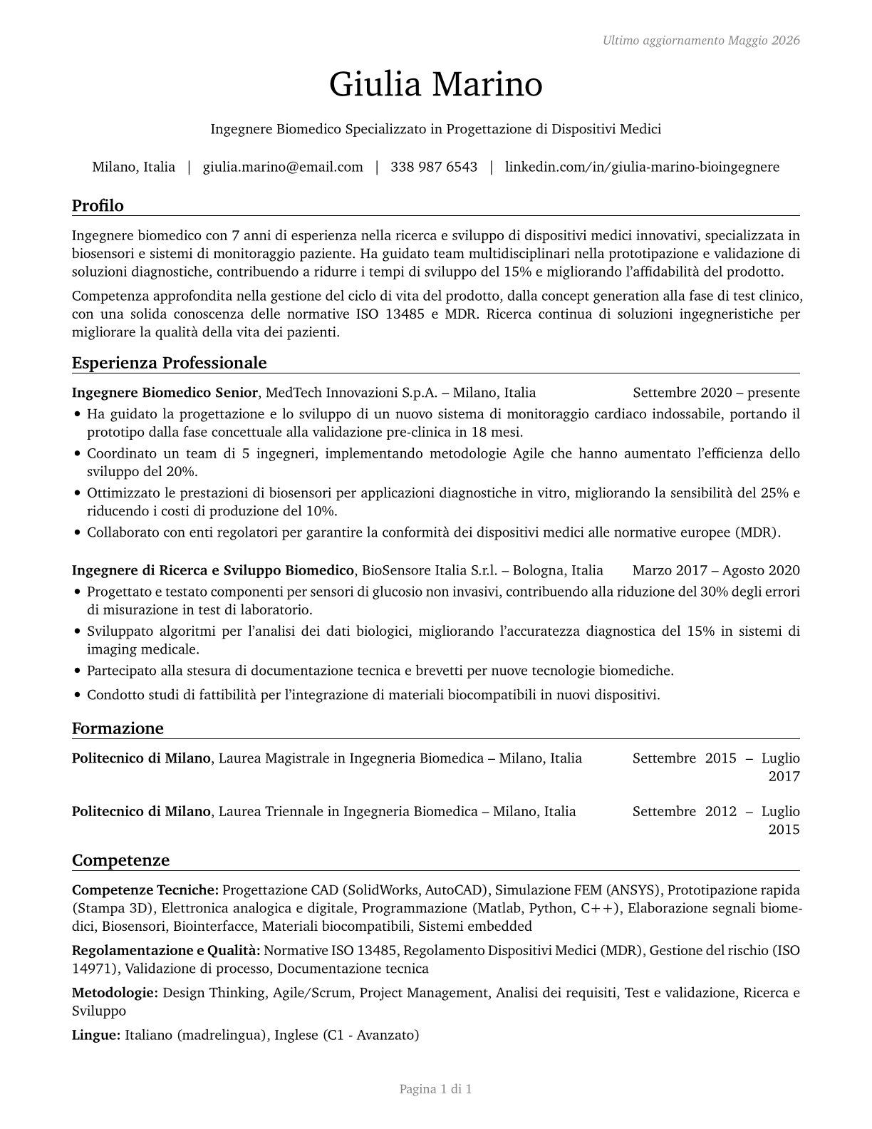 Bioengineers and Biomedical Engineers CV in Italian — page 1