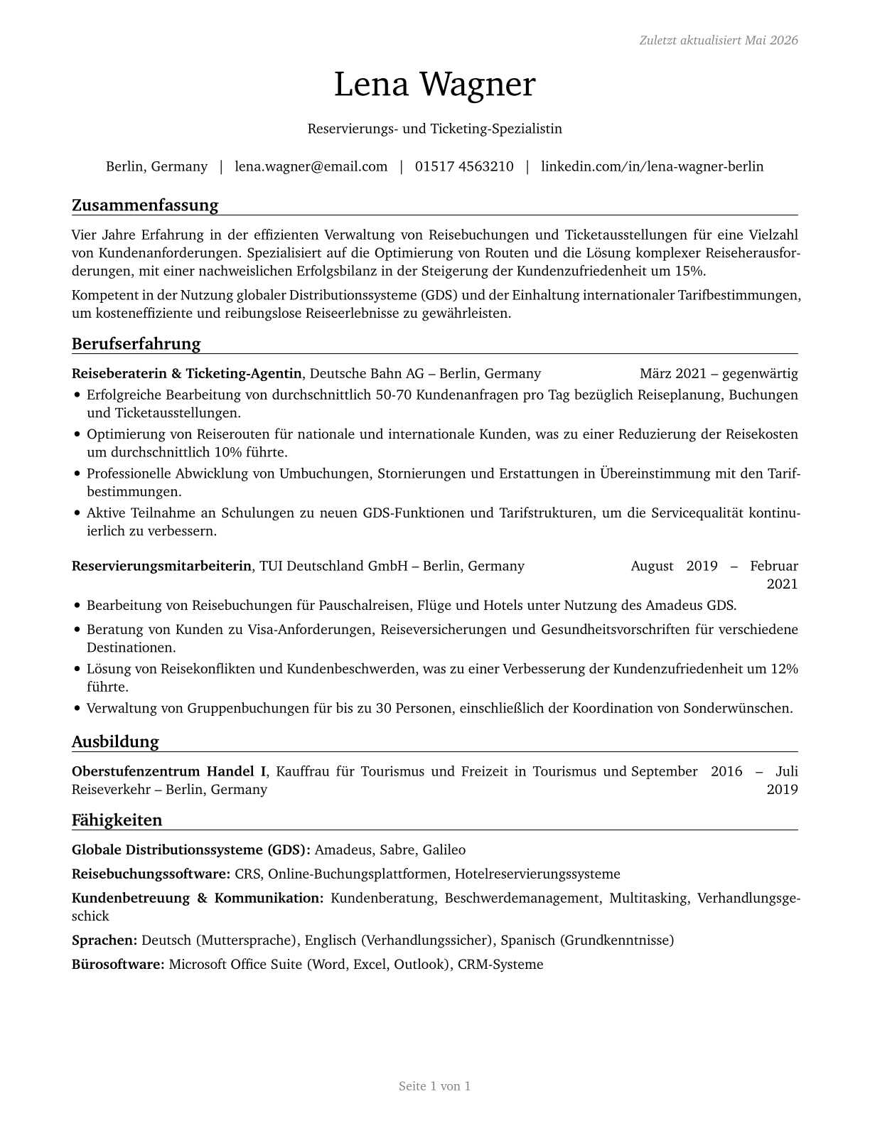 Reservation and Transportation Ticket Agents and Travel Clerks CV in German — page 1