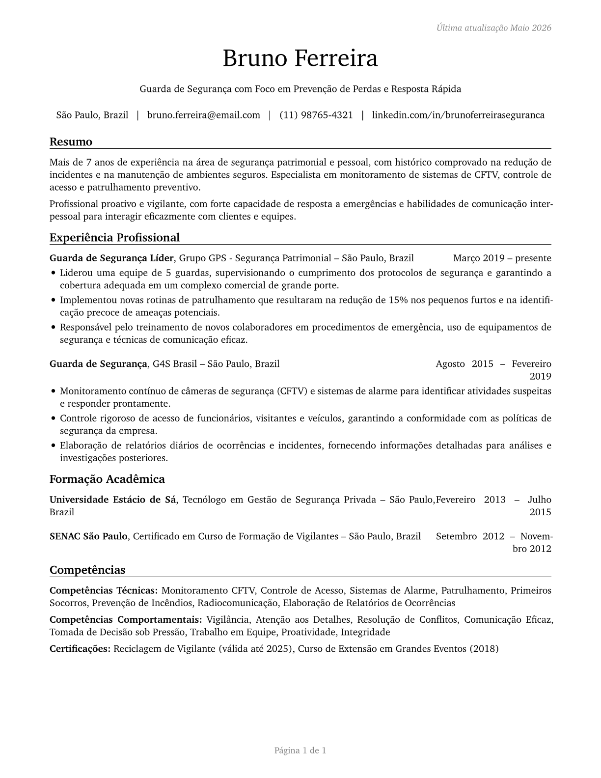 Security Guards CV in Portuguese — page 1