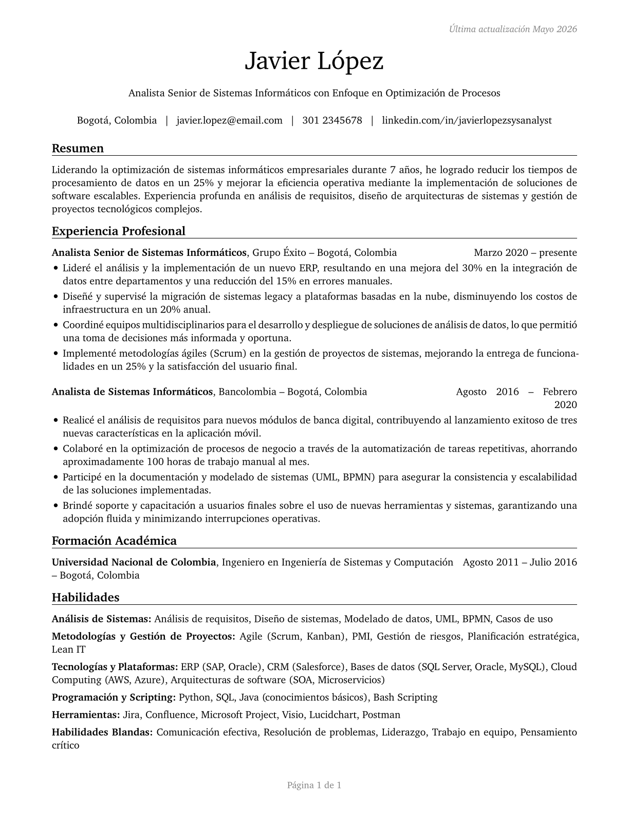 Computer Systems Analysts CV in Spanish — page 1