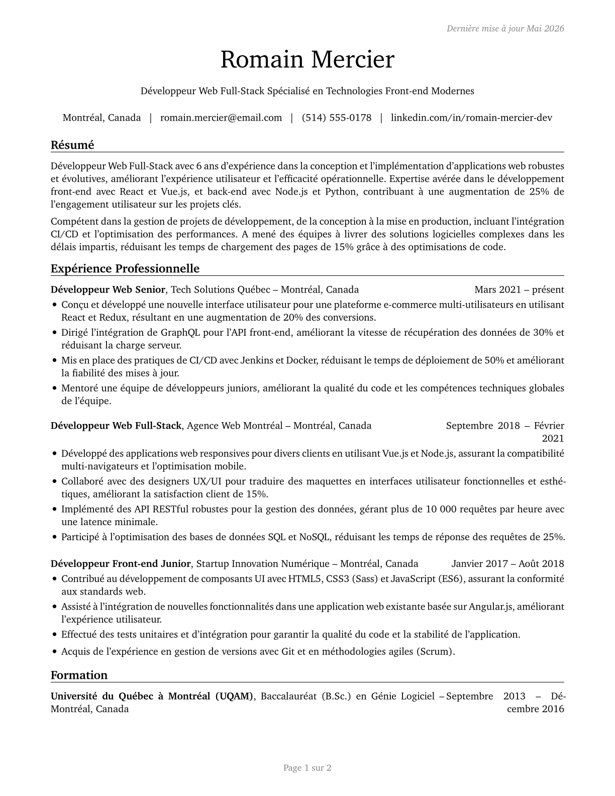 Web Developers CV in French — page 1