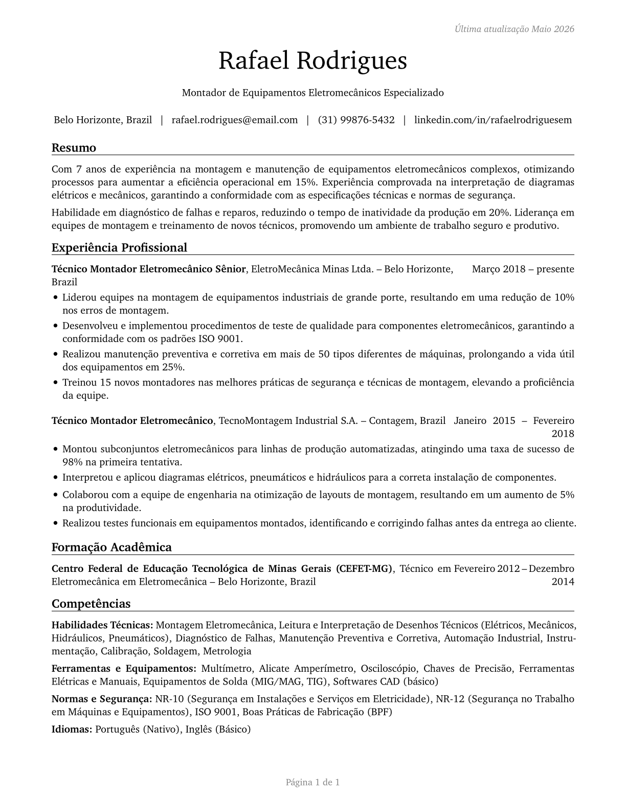 Electromechanical Equipment Assemblers CV in Portuguese — page 1