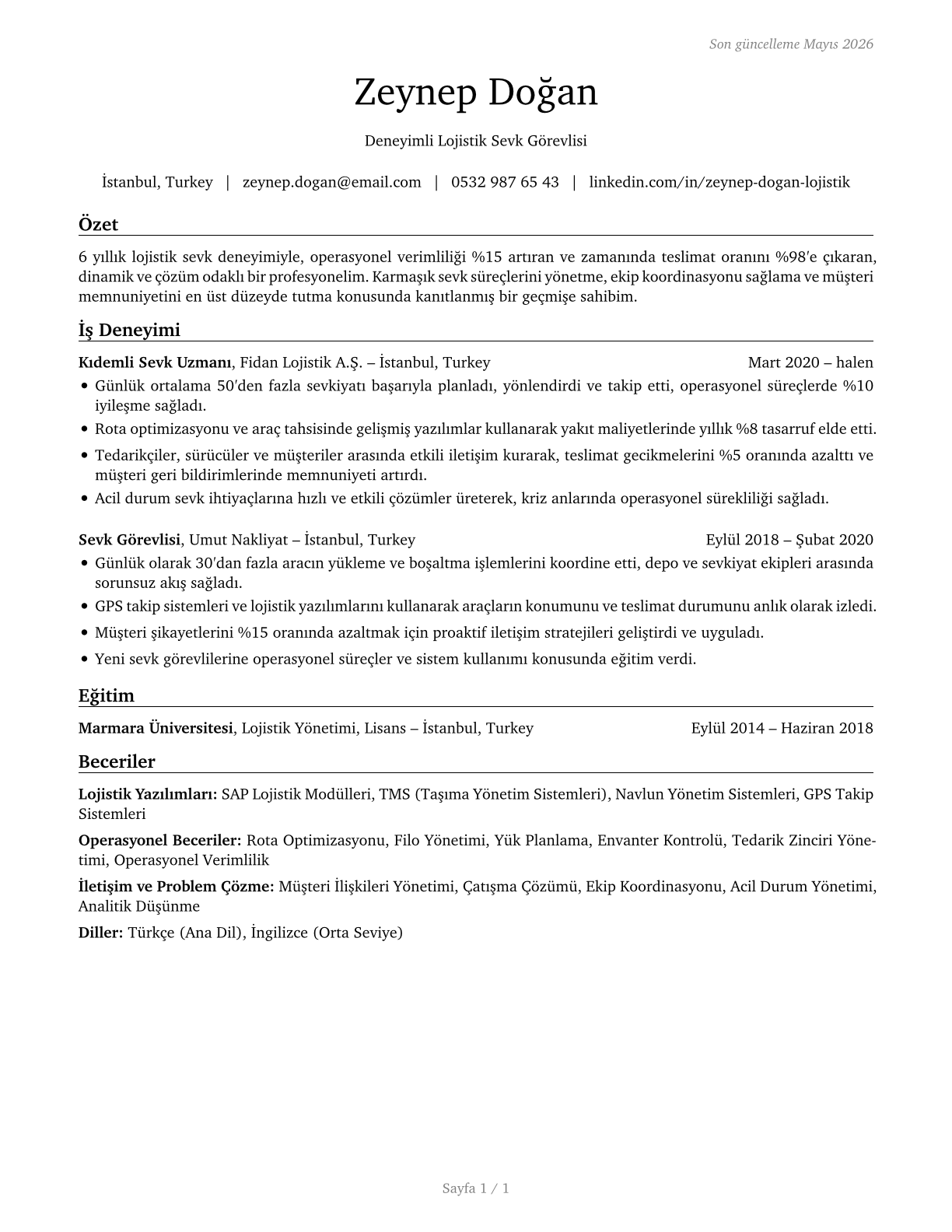 Dispatchers, Except Police, Fire, and Ambulance CV in Turkish — page 1