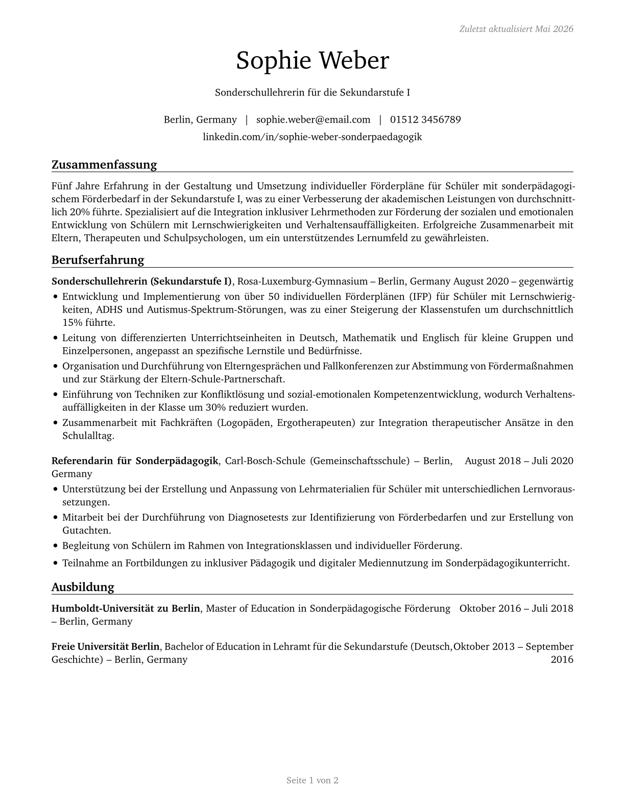 Special Education Teachers, Middle School CV in German — page 1