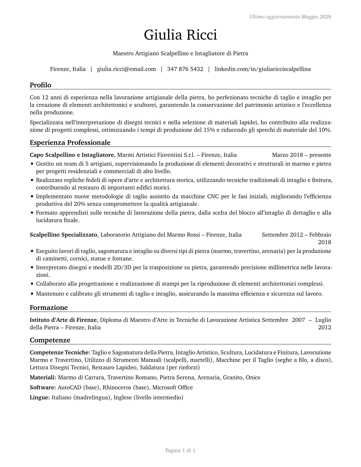 Stone Cutters and Carvers, Manufacturing CV in Italian — page 1