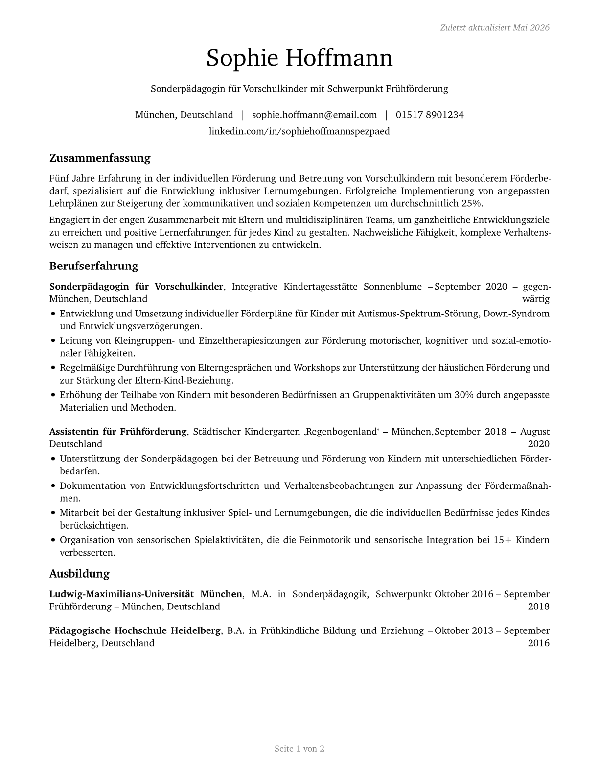 Special Education Teachers, Preschool CV in German — page 1