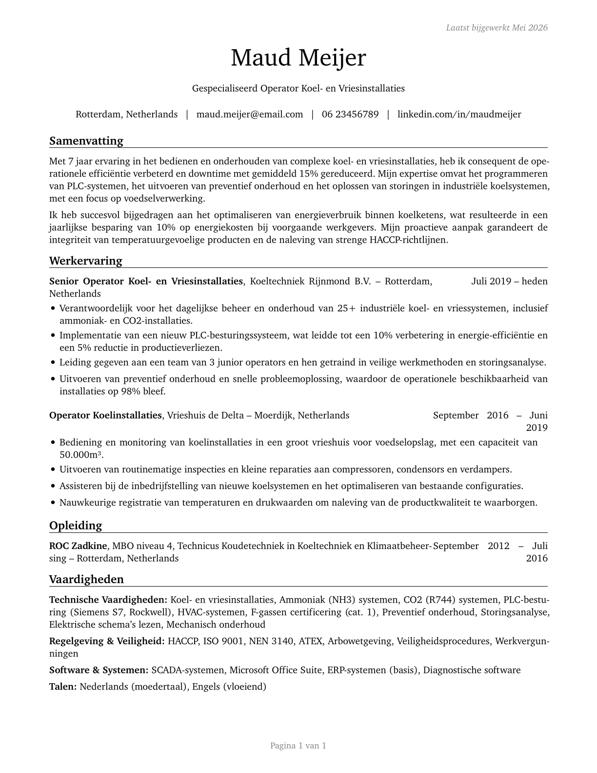 Cooling and Freezing Equipment Operators and Tenders CV in Dutch — page 1