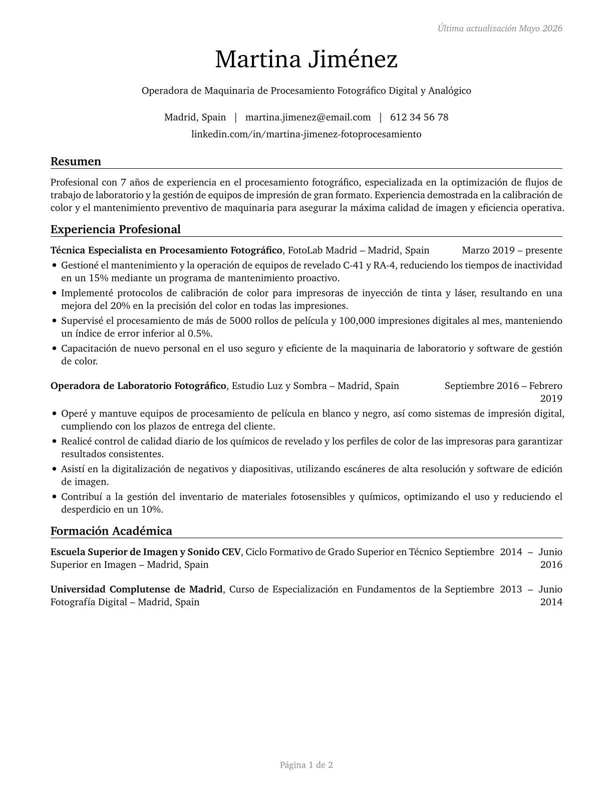 Photographic Process Workers and Processing Machine Operators CV in Spanish — page 1