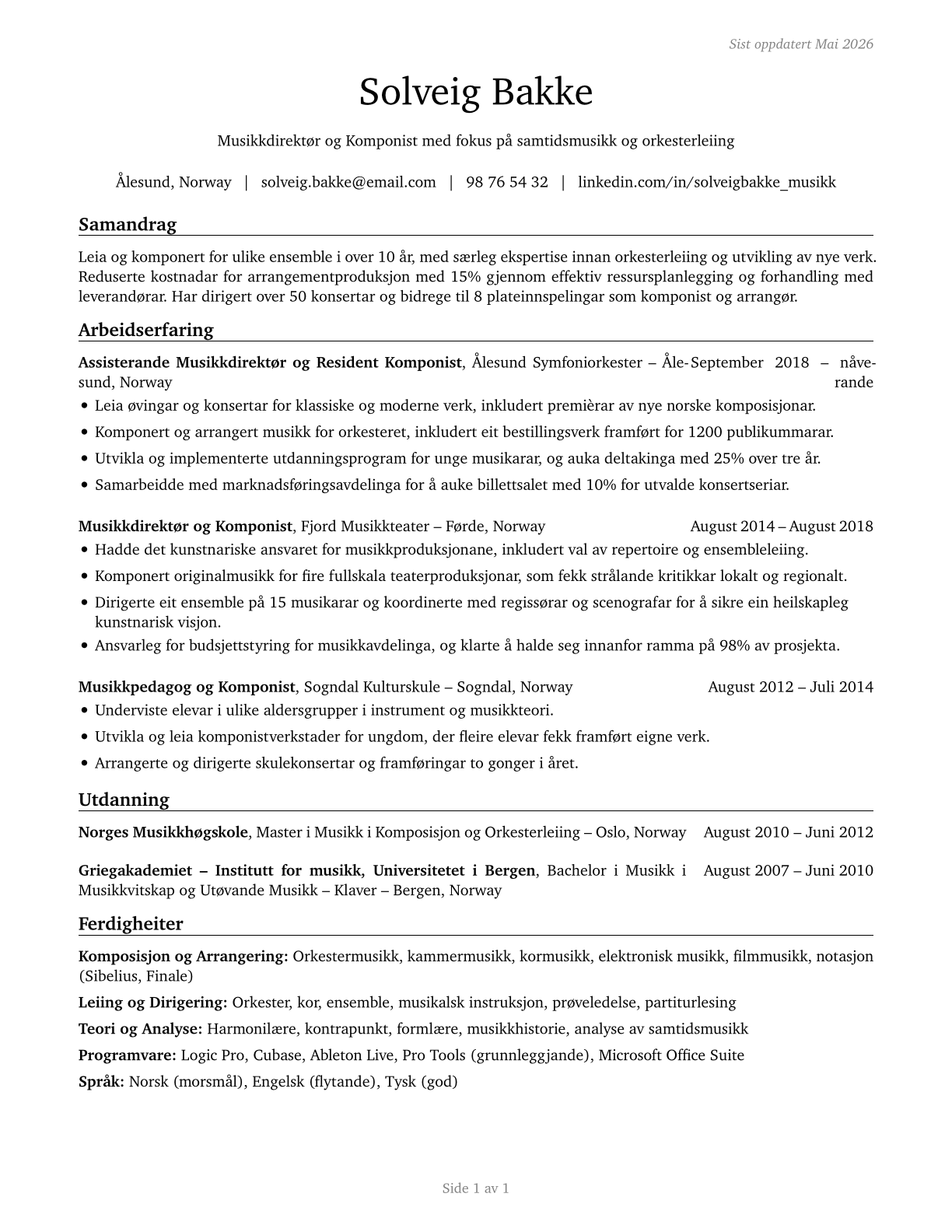 Music Directors and Composers CV in Norwegian_nynorsk — page 1