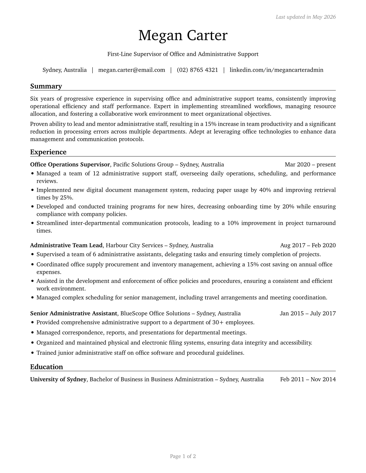 First-Line Supervisors of Office and Administrative Support Workers CV in English — page 1