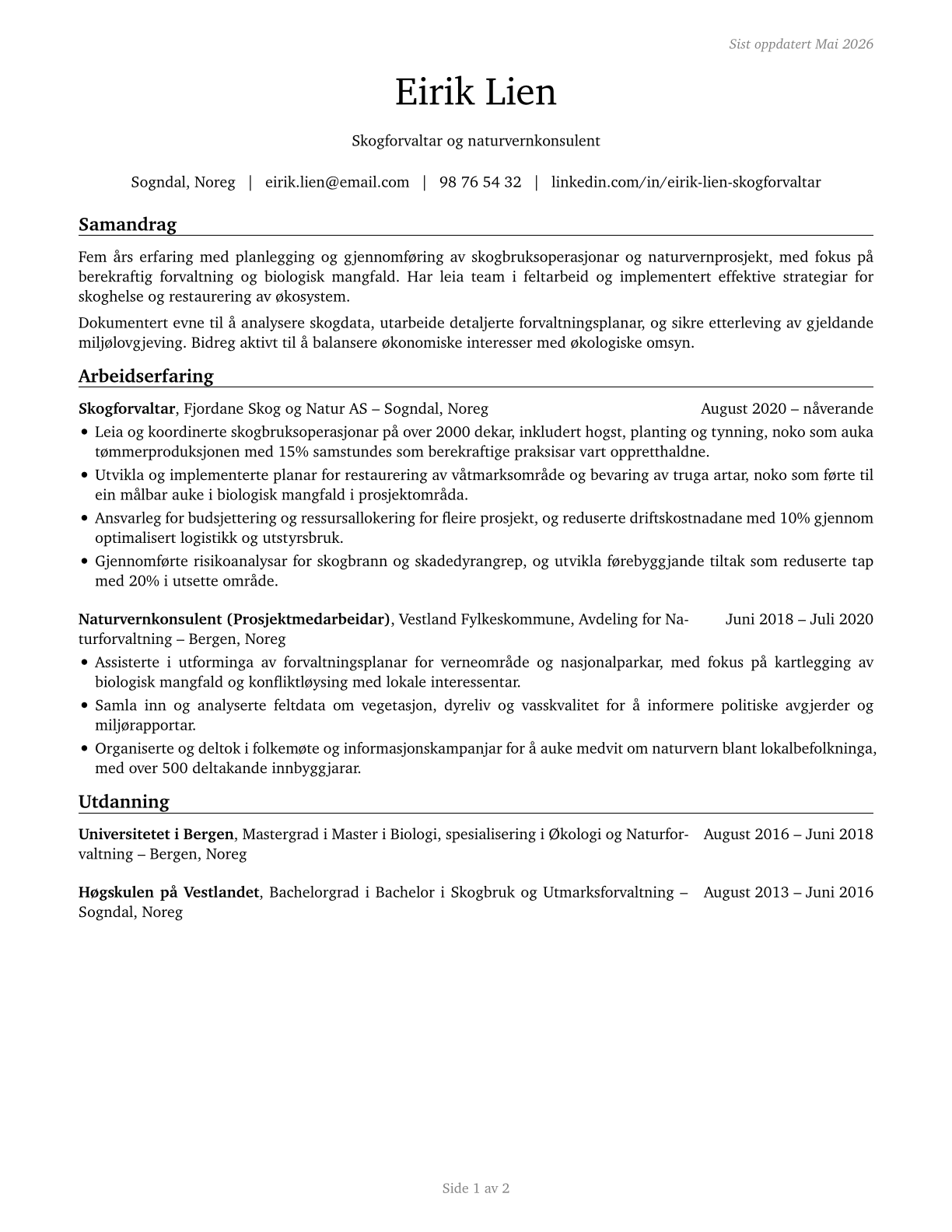 Forest and Conservation Workers CV in Norwegian_nynorsk — page 1