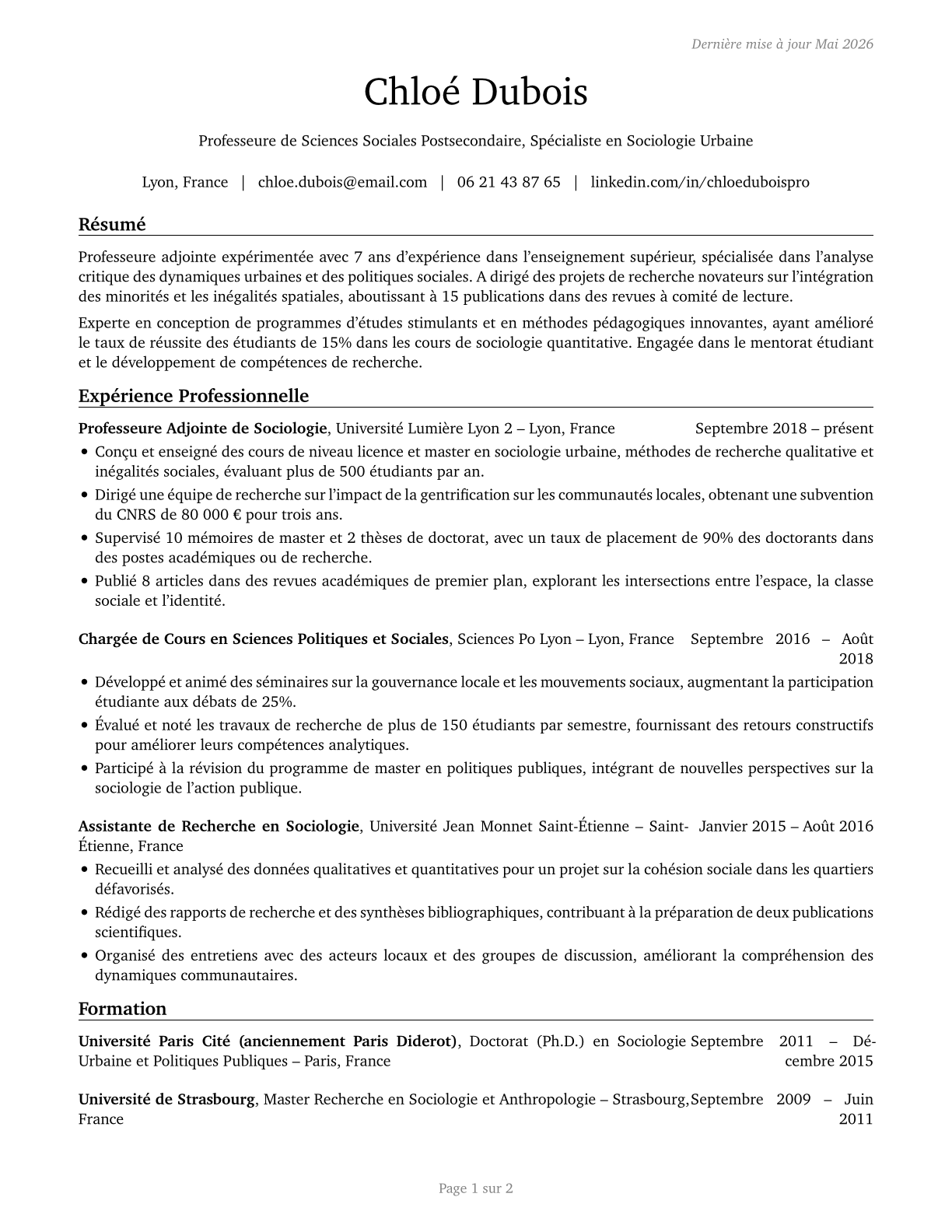 Social Sciences Teachers, Postsecondary, All Other CV in French — page 1