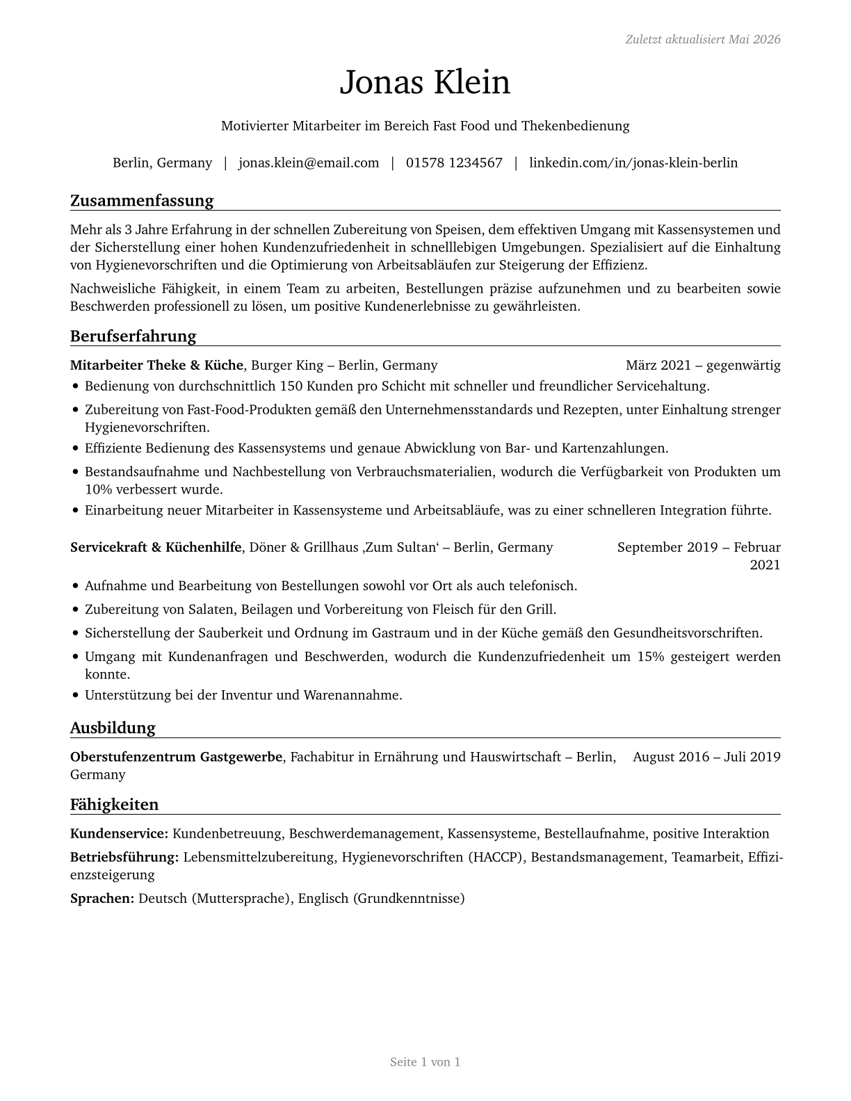 Fast Food and Counter Workers CV in German — page 1