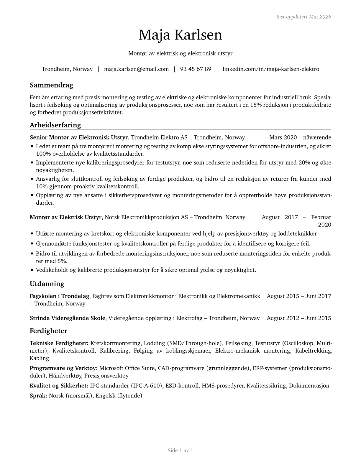 Electrical and Electronic Equipment Assemblers CV in Norwegian_bokmal — page 1