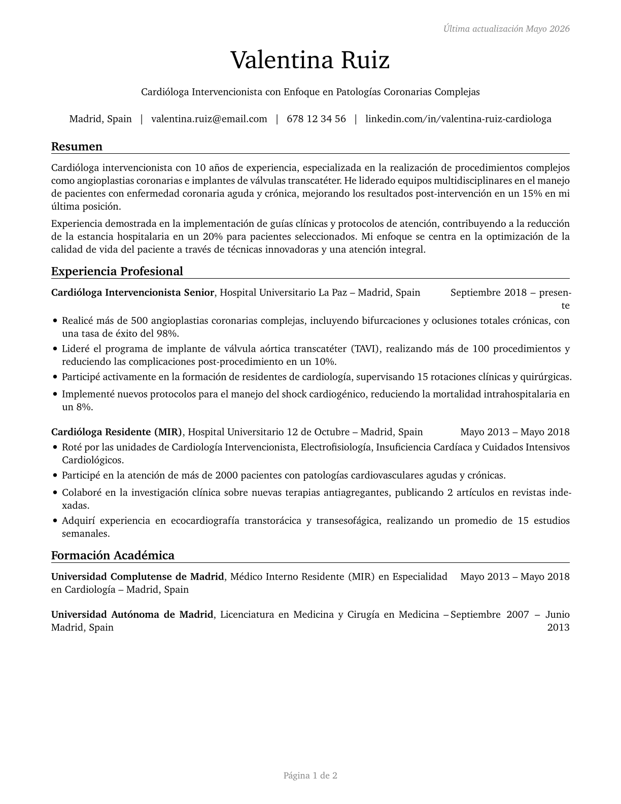 Cardiologists CV in Spanish — page 1