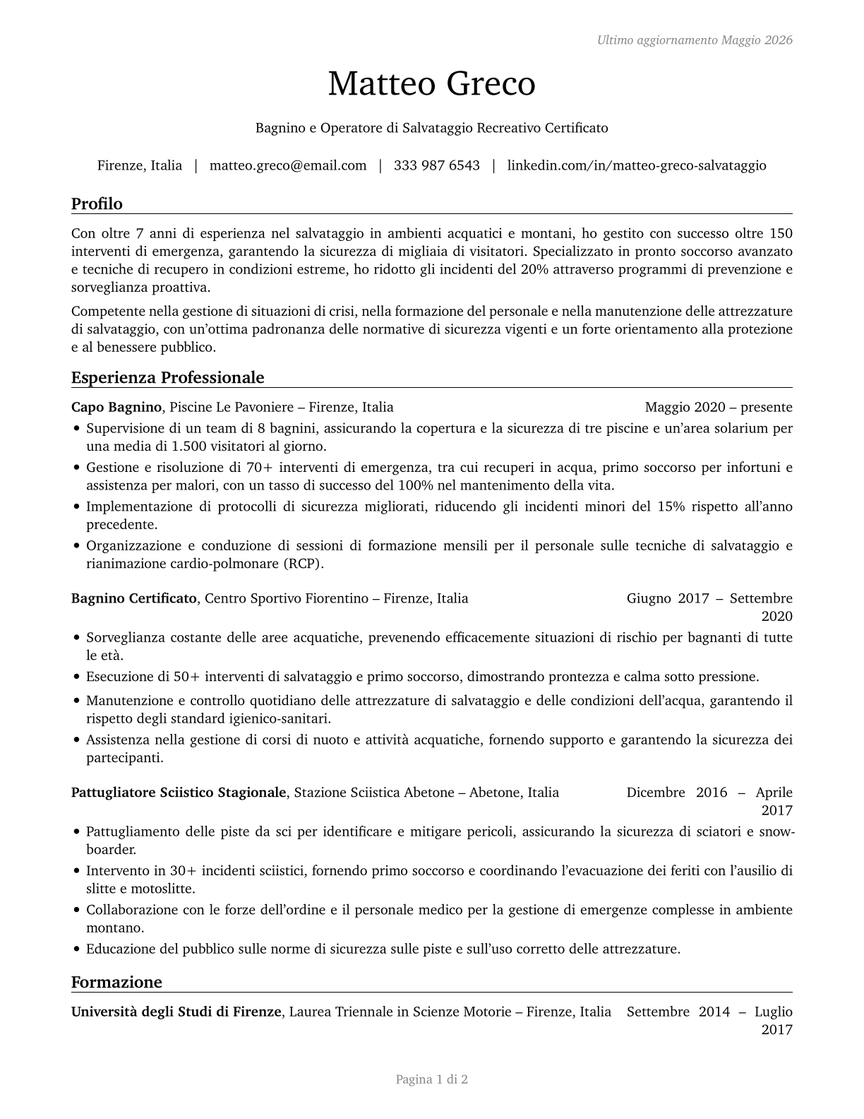 Lifeguards, Ski Patrol, and Other Recreational Protective Service Workers CV in Italian — page 1