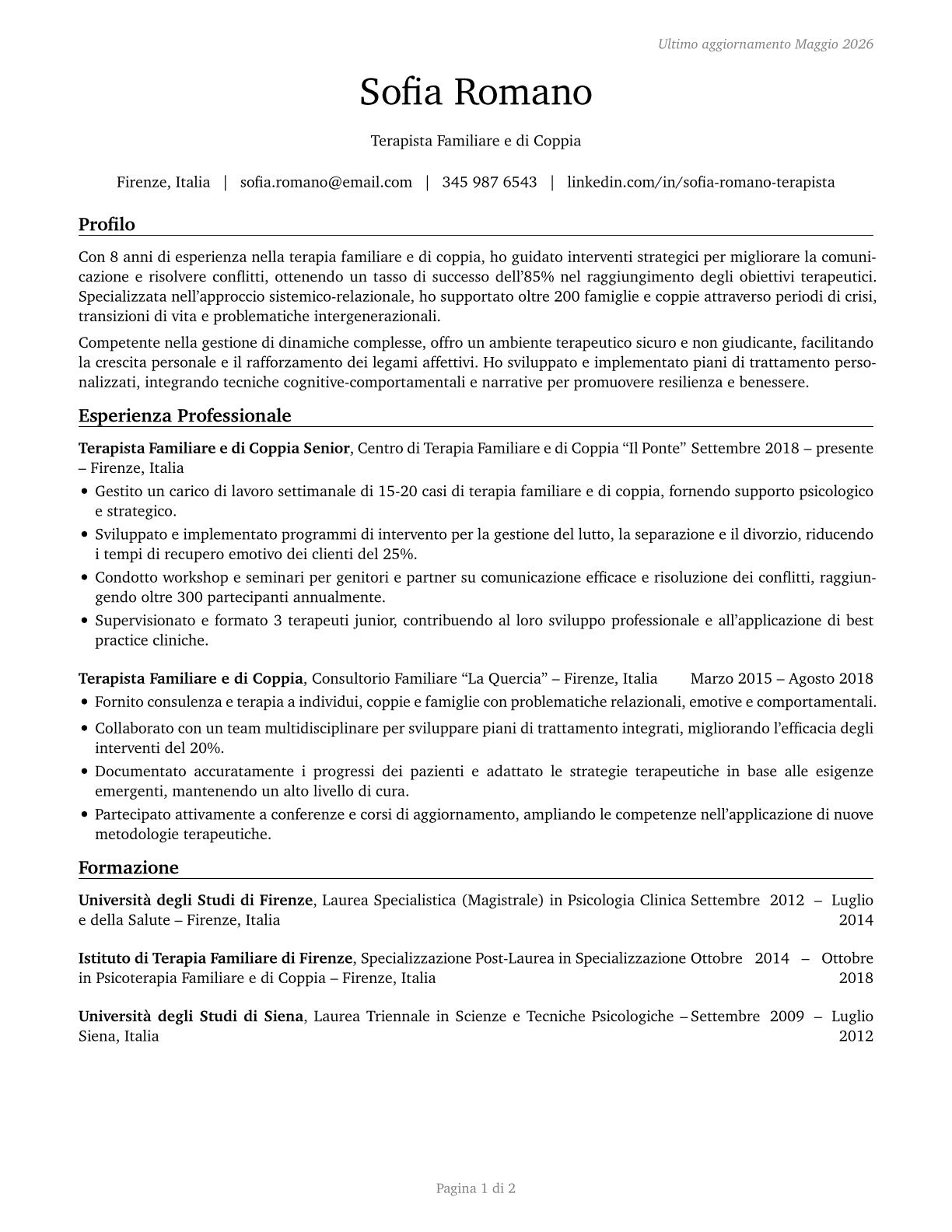 Marriage and Family Therapists CV in Italian — page 1