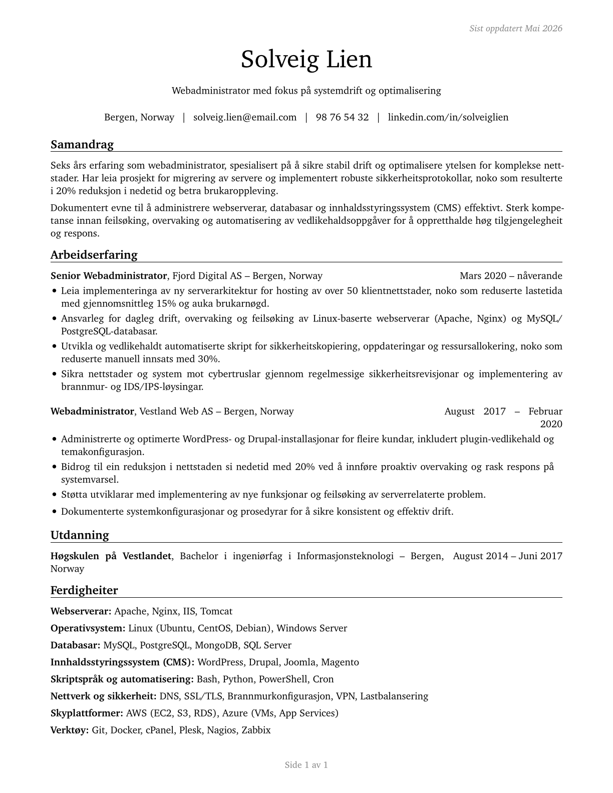 Web Administrators CV in Norwegian_nynorsk — page 1