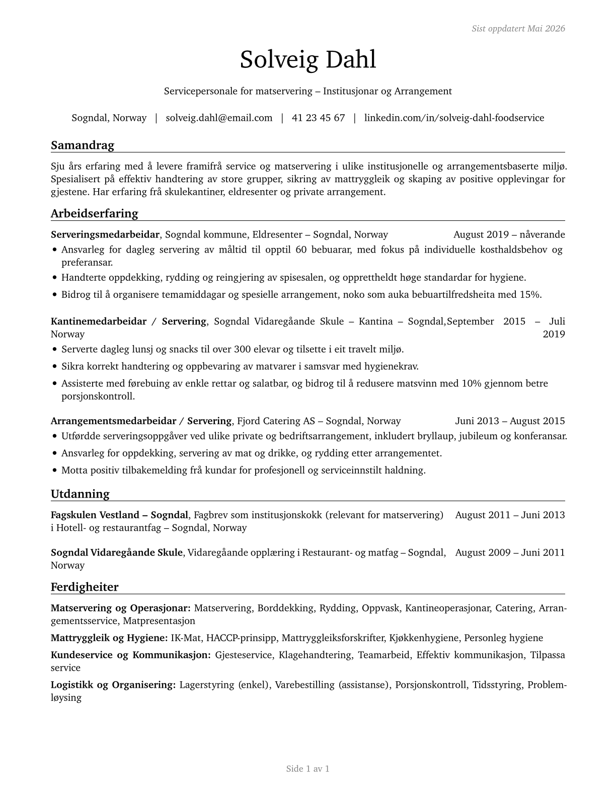 Food Servers, Nonrestaurant CV in Norwegian_nynorsk — page 1
