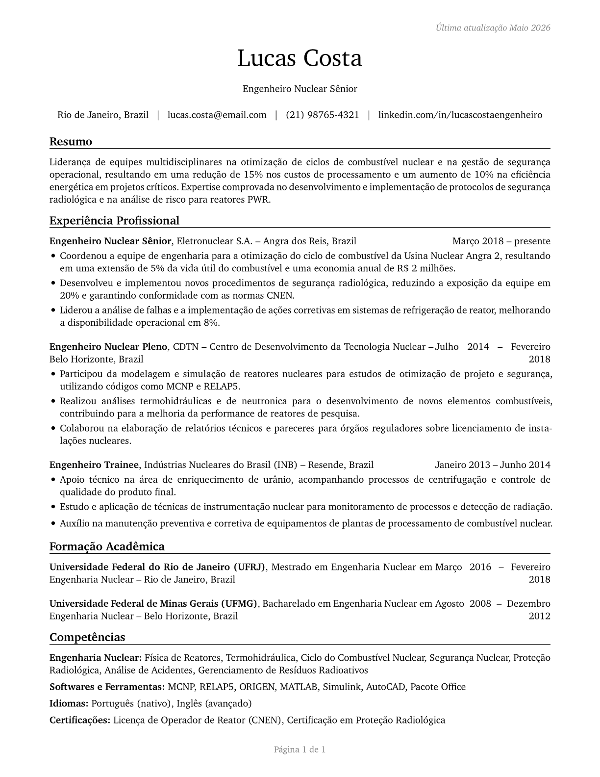 Nuclear Engineers CV in Portuguese — page 1