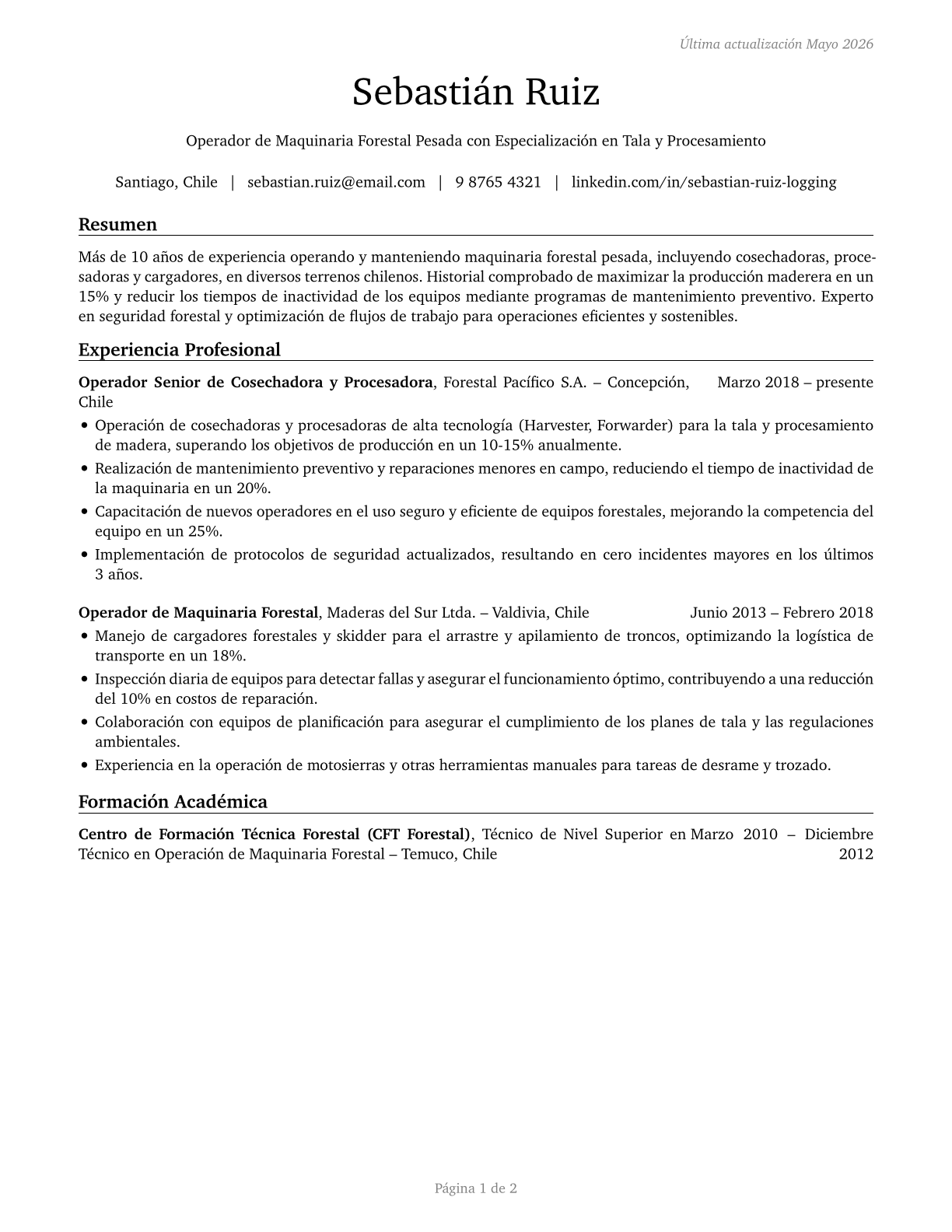 Logging Equipment Operators CV in Spanish — page 1