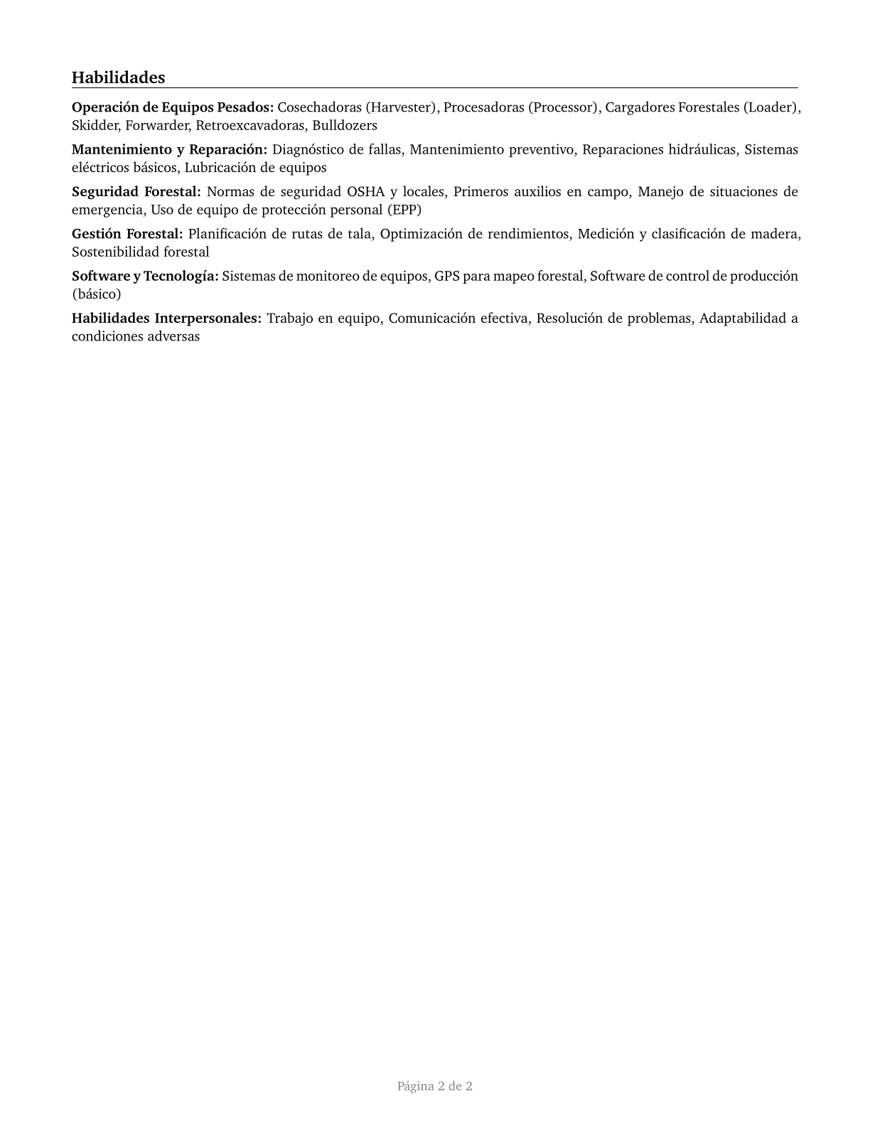 Logging Equipment Operators CV in Spanish — page 2