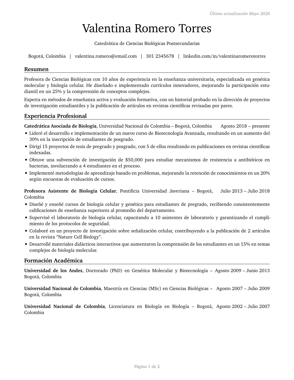 Biological Science Teachers, Postsecondary CV in Spanish — page 1