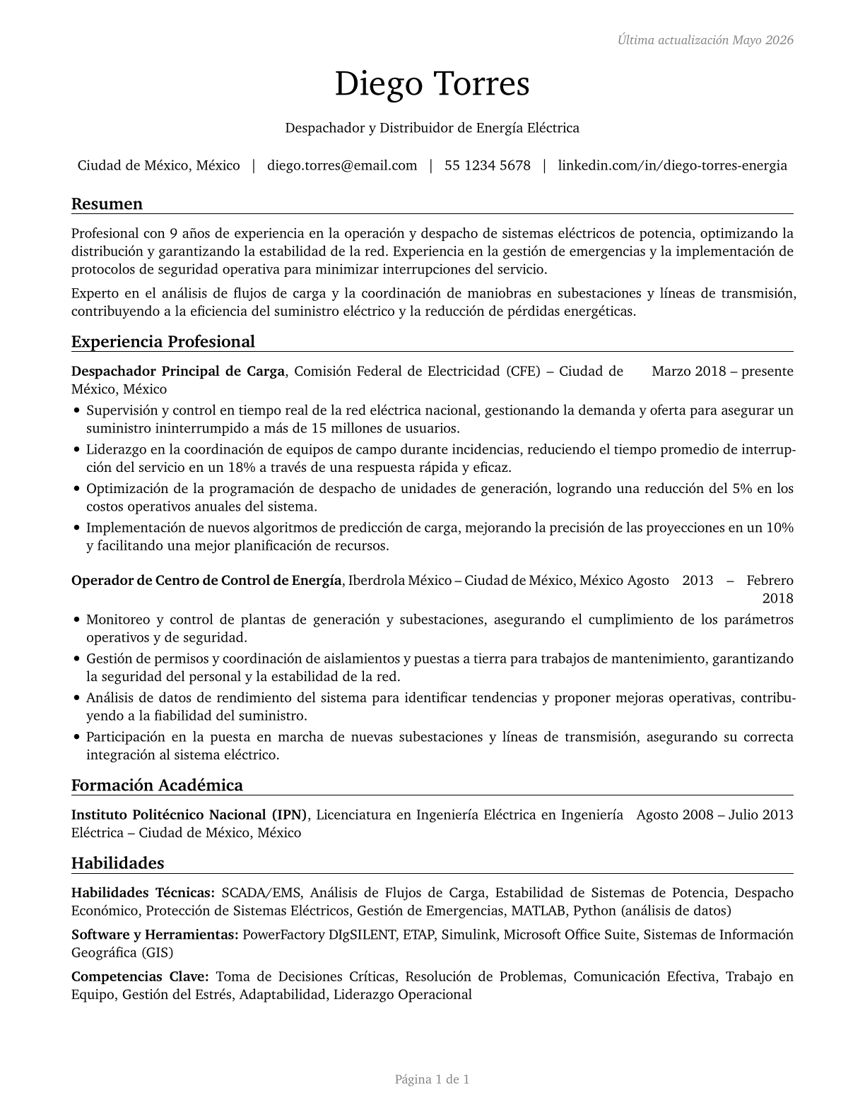 Power Distributors and Dispatchers CV in Spanish — page 1