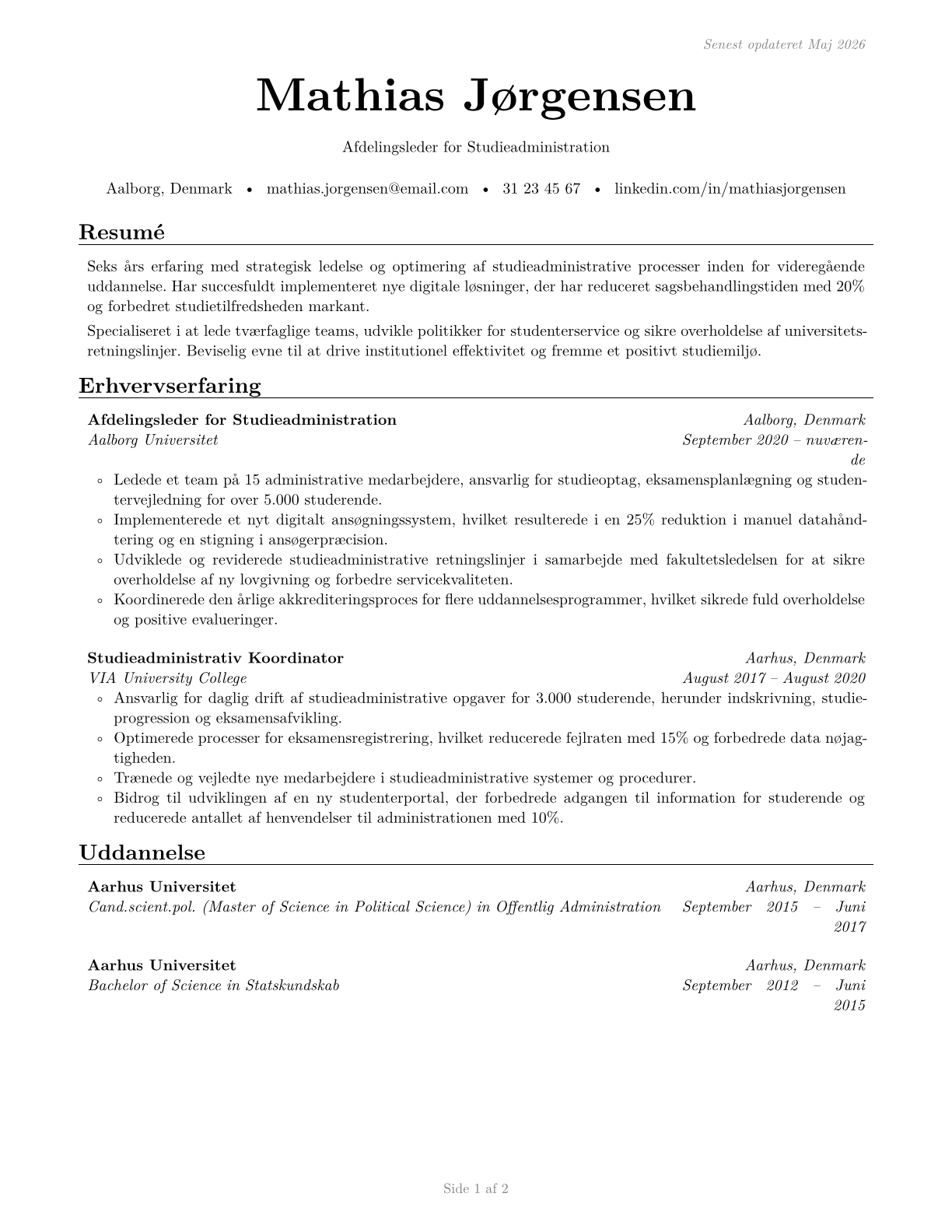 Education Administrators, Postsecondary CV in Danish — page 1