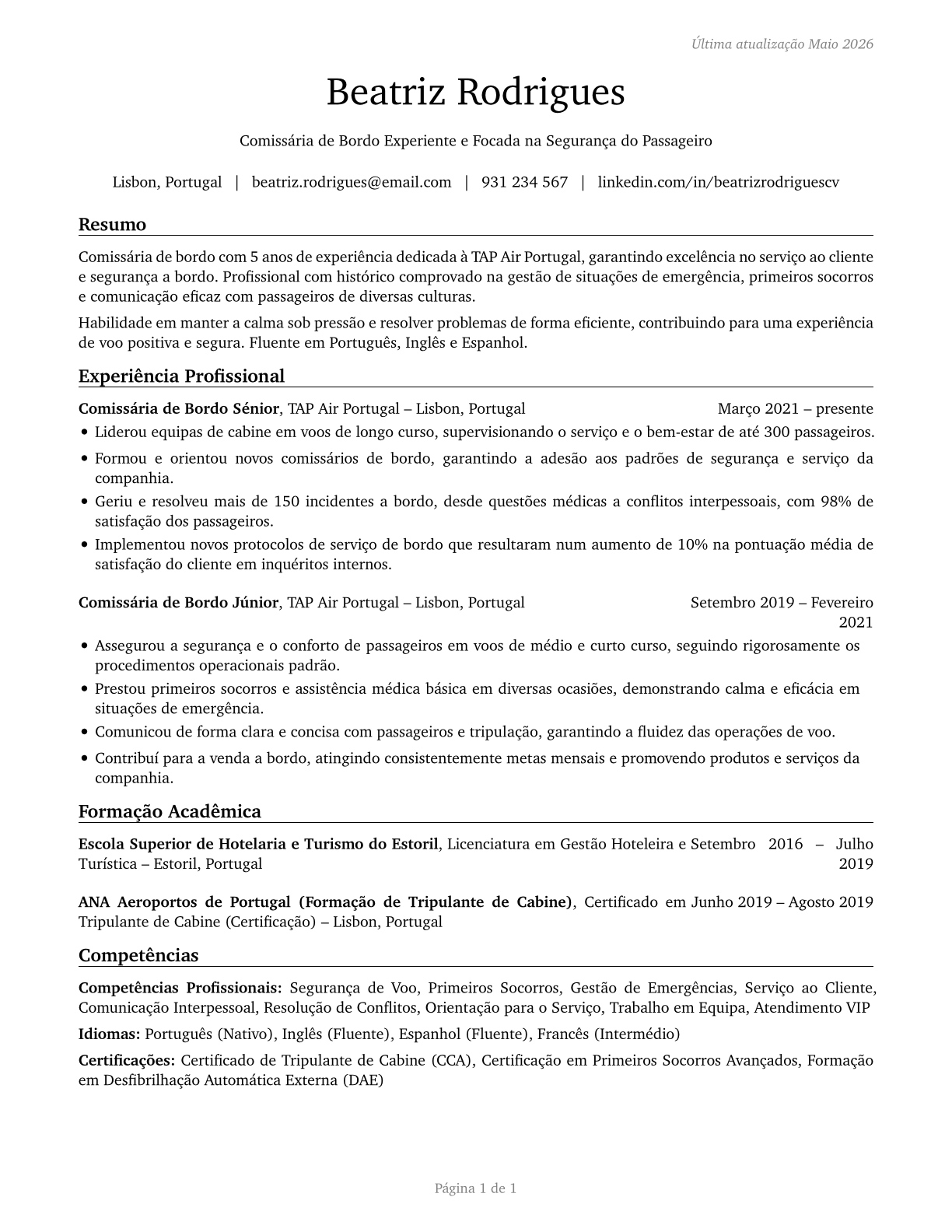 Passenger Attendants CV in Portuguese — page 1
