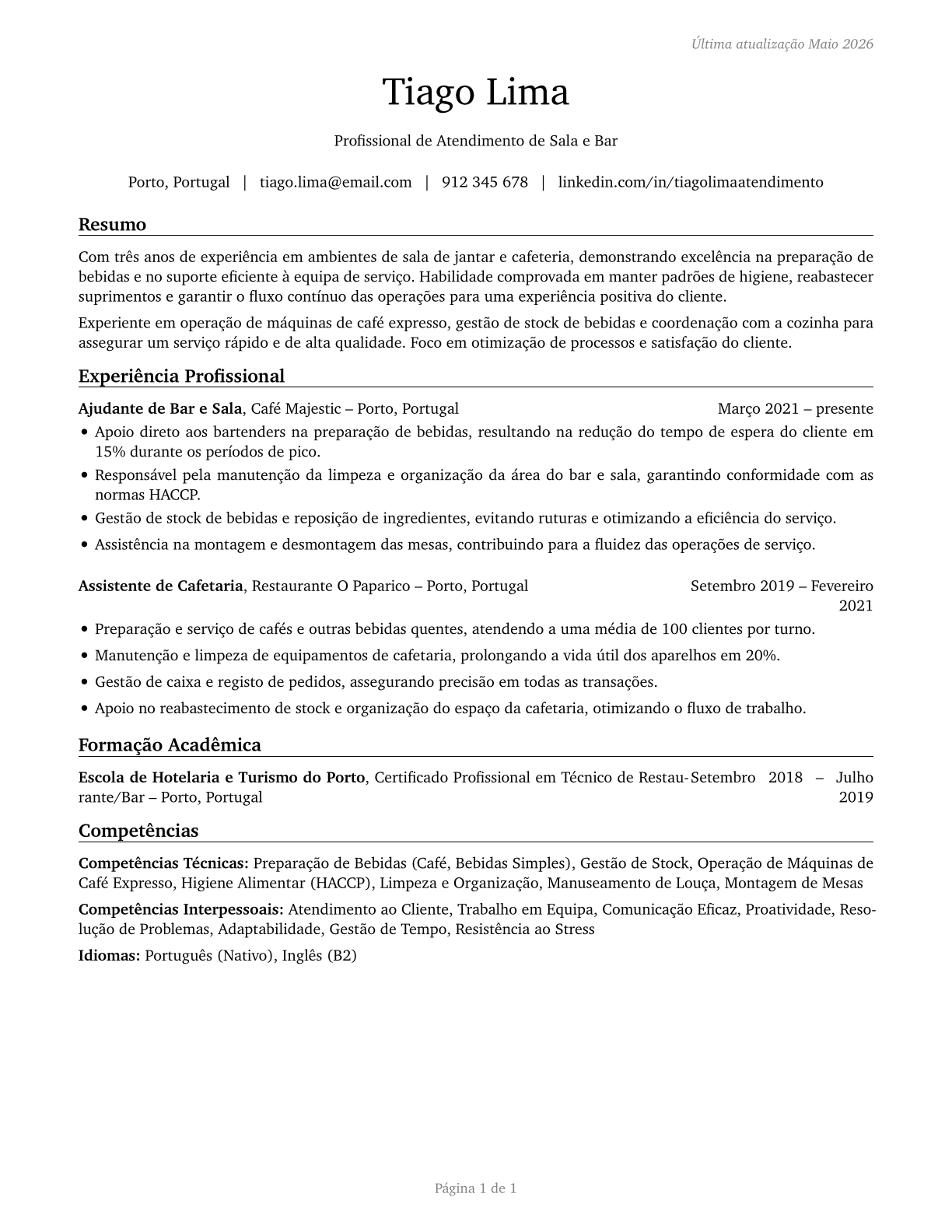 Dining Room and Cafeteria Attendants and Bartender Helpers CV in Portuguese — page 1