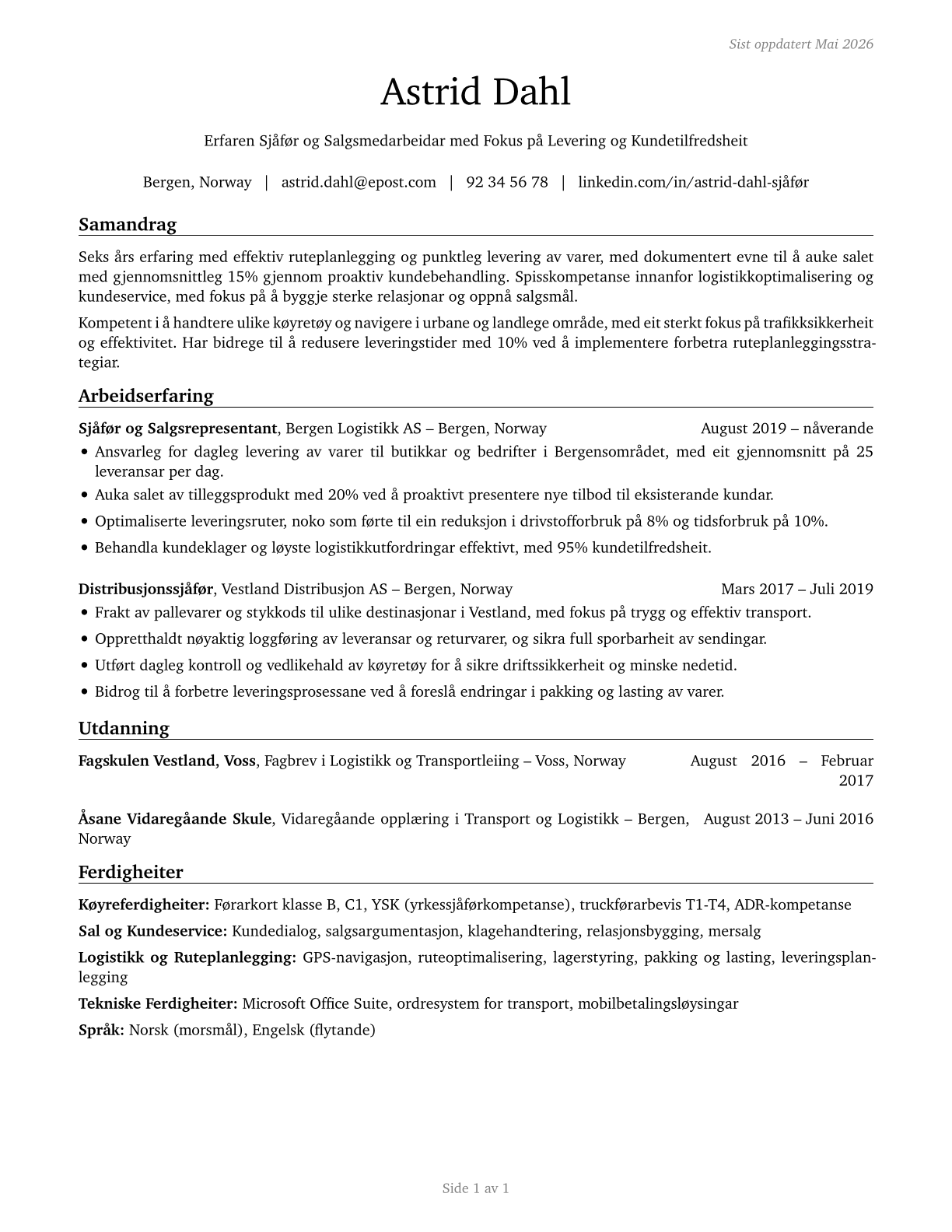 Driver/Sales Workers CV in Norwegian_nynorsk — page 1