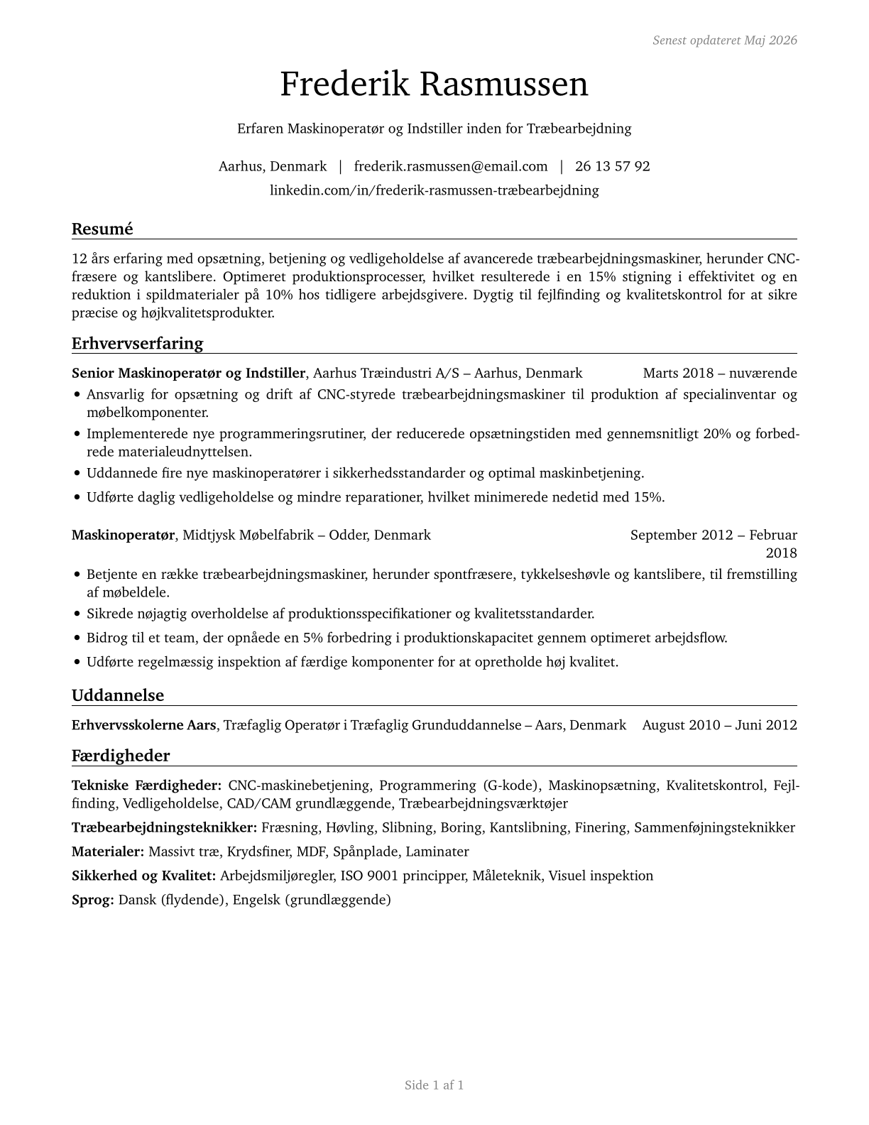 Woodworking Machine Setters, Operators, and Tenders, Except Sawing CV in Danish — page 1