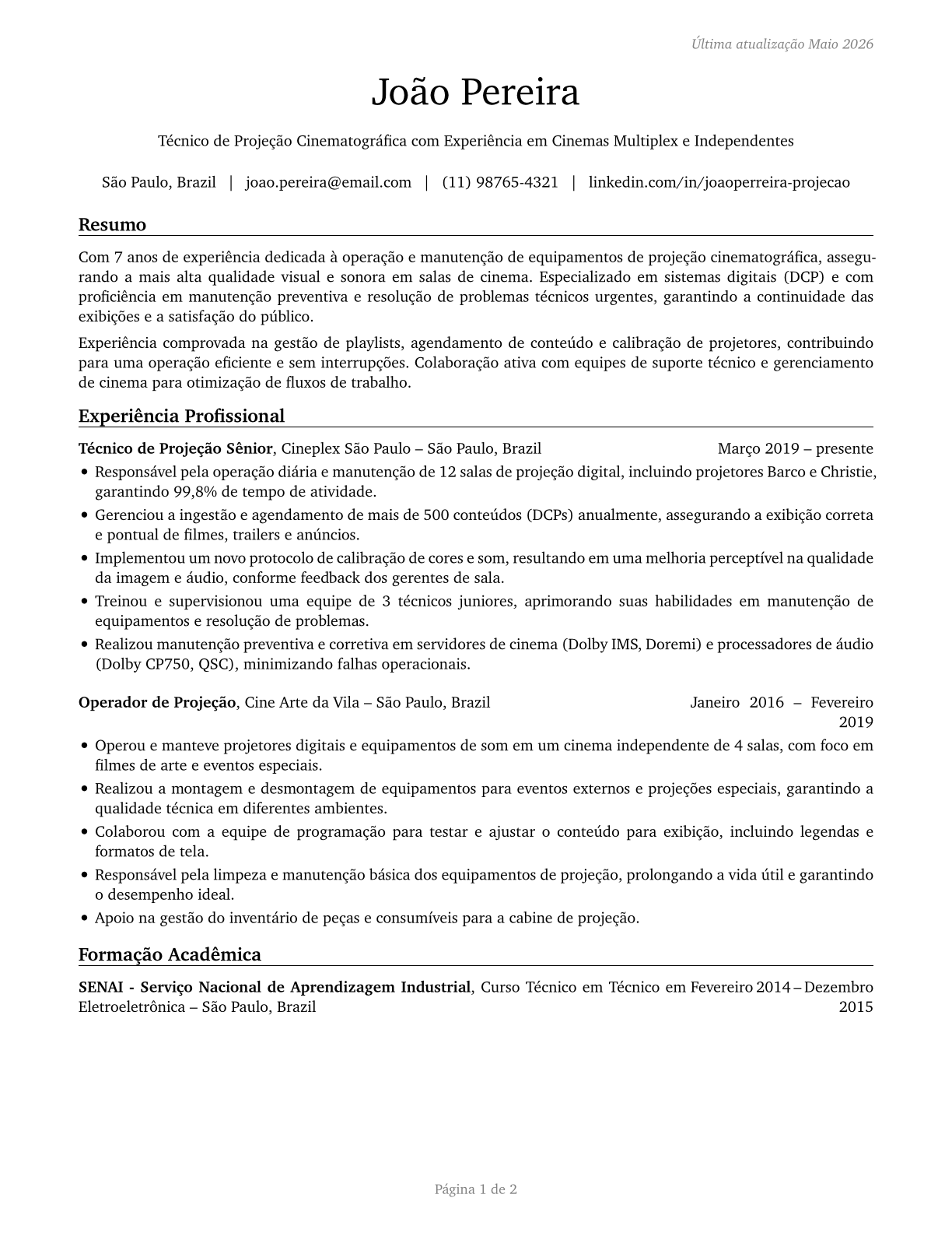 Motion Picture Projectionists CV in Portuguese — page 1