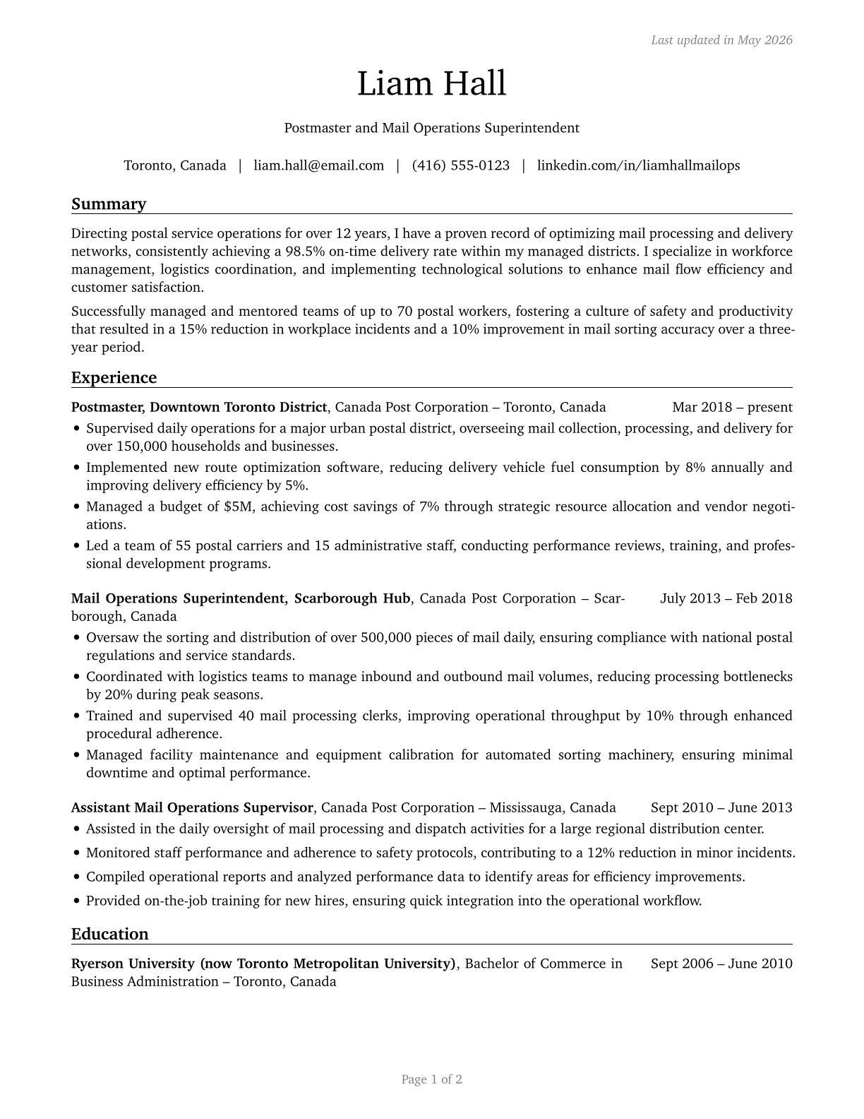 Postmasters and Mail Superintendents CV in English — page 1