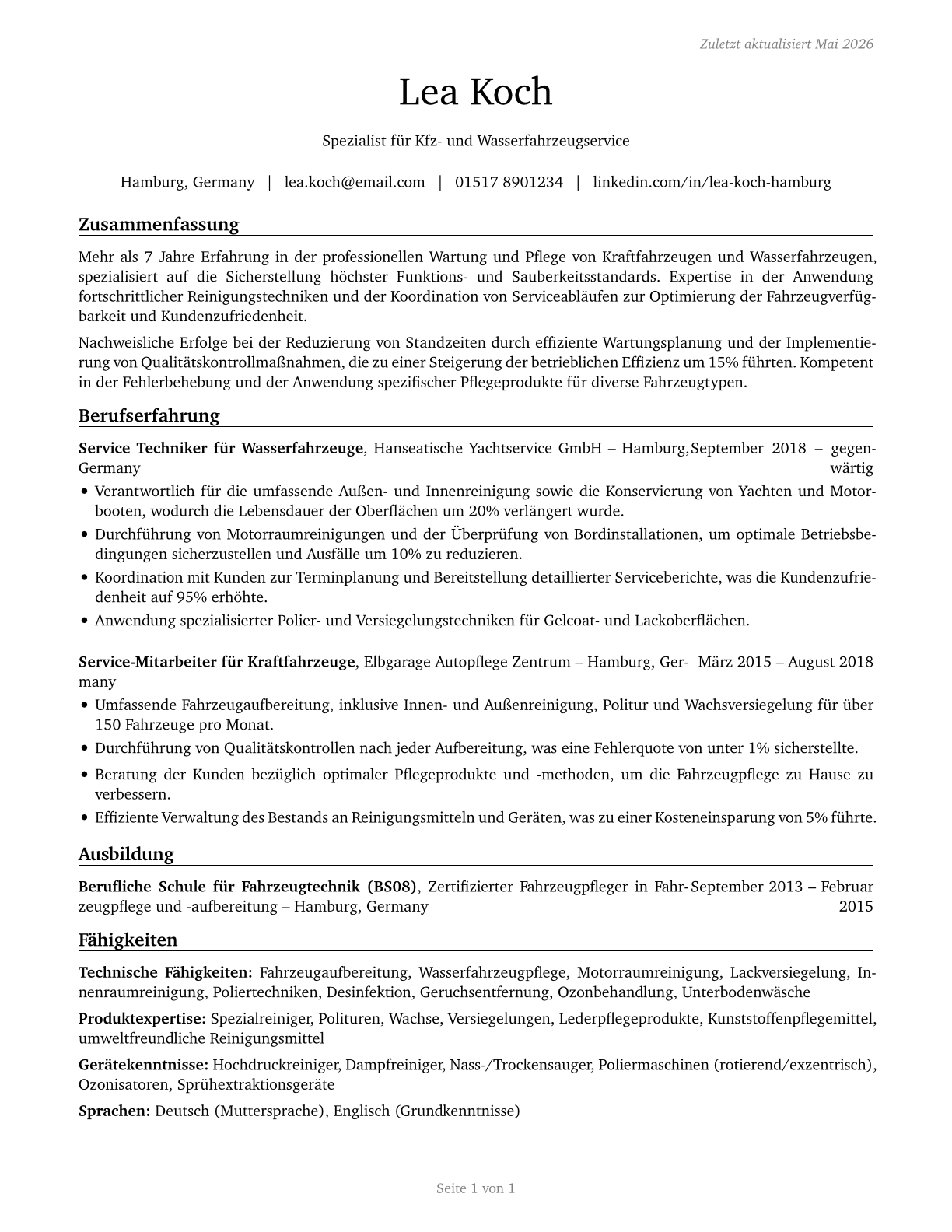 Automotive and Watercraft Service Attendants CV in German — page 1
