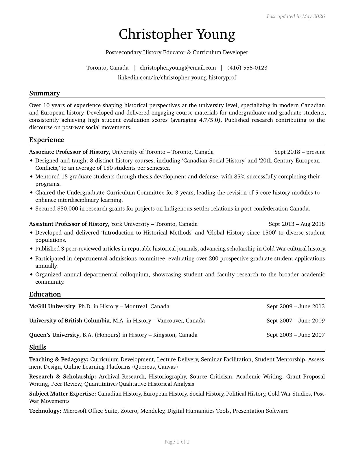History Teachers, Postsecondary CV in English — page 1