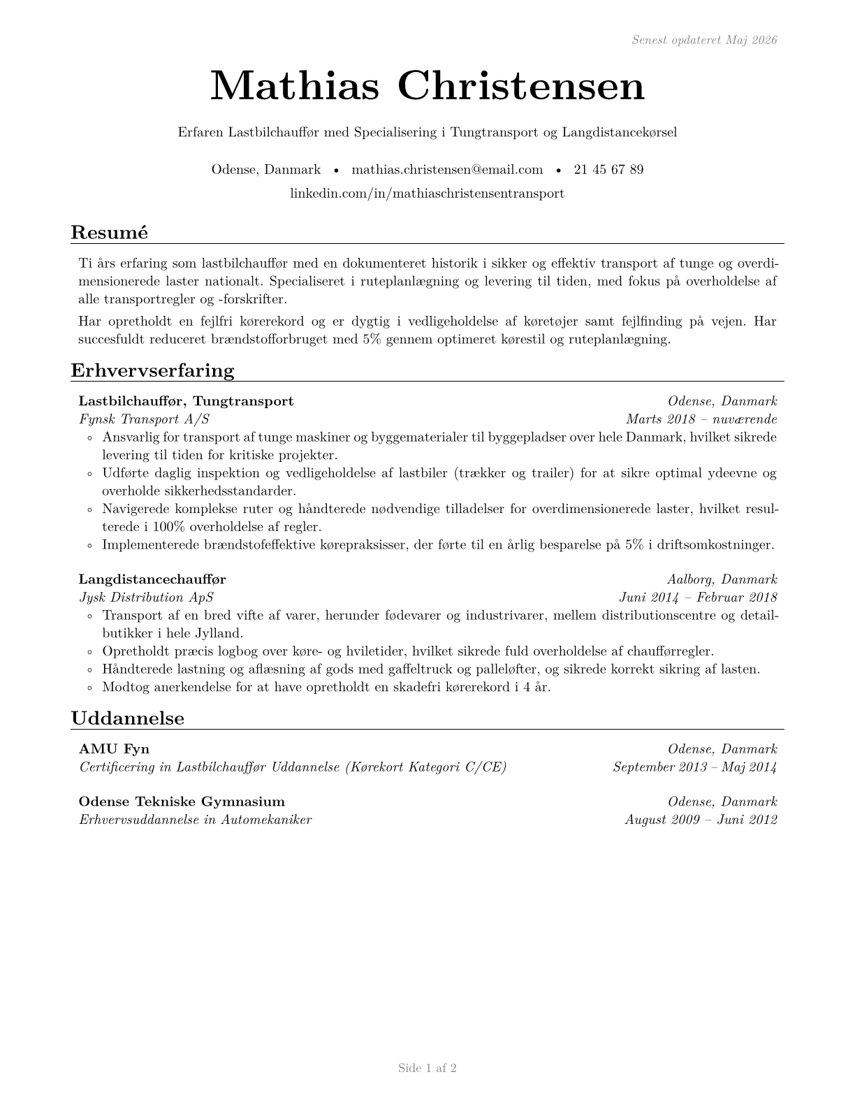 Heavy and Tractor-Trailer Truck Drivers CV in Danish — page 1