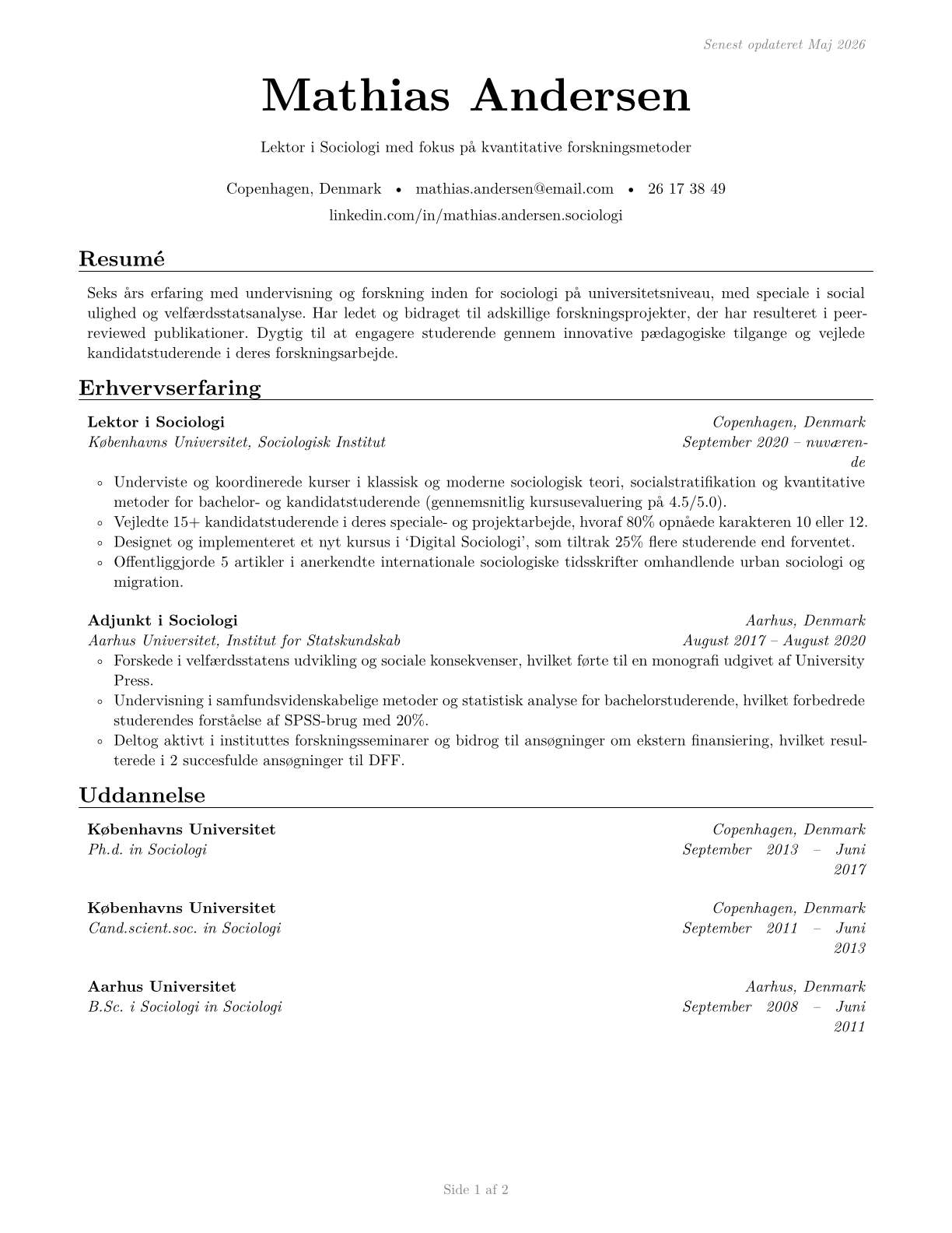 Sociology Teachers, Postsecondary CV in Danish — page 1