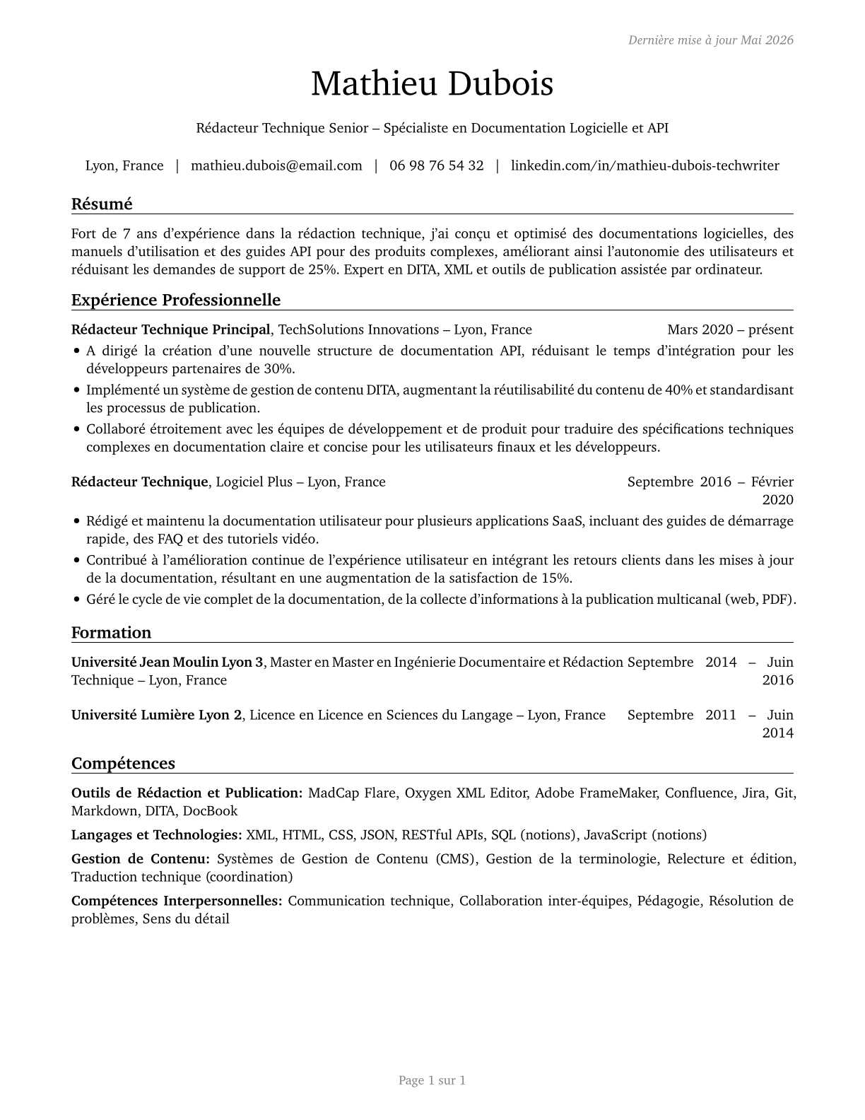 Technical Writers CV in French — page 1