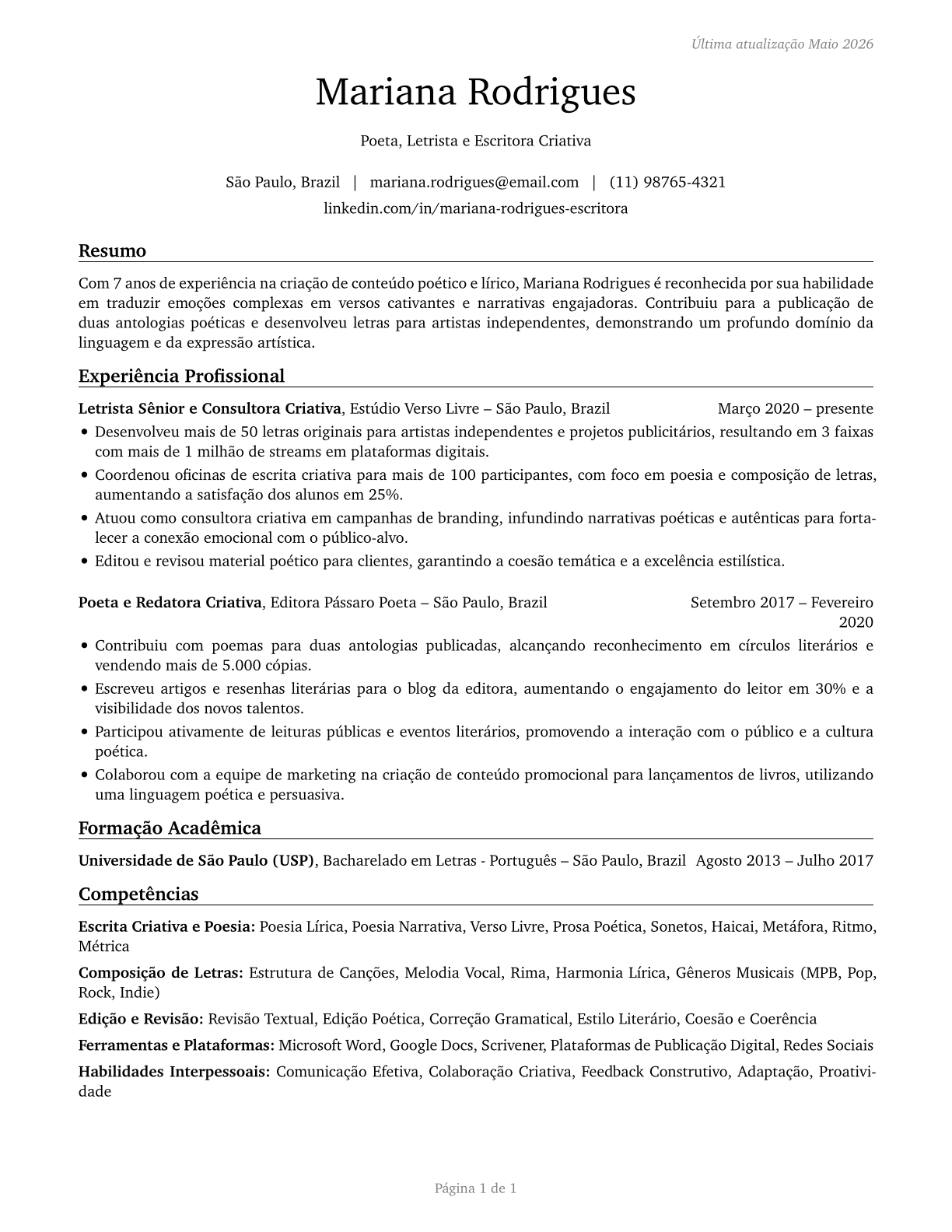 Poets, Lyricists and Creative Writers CV in Portuguese — page 1