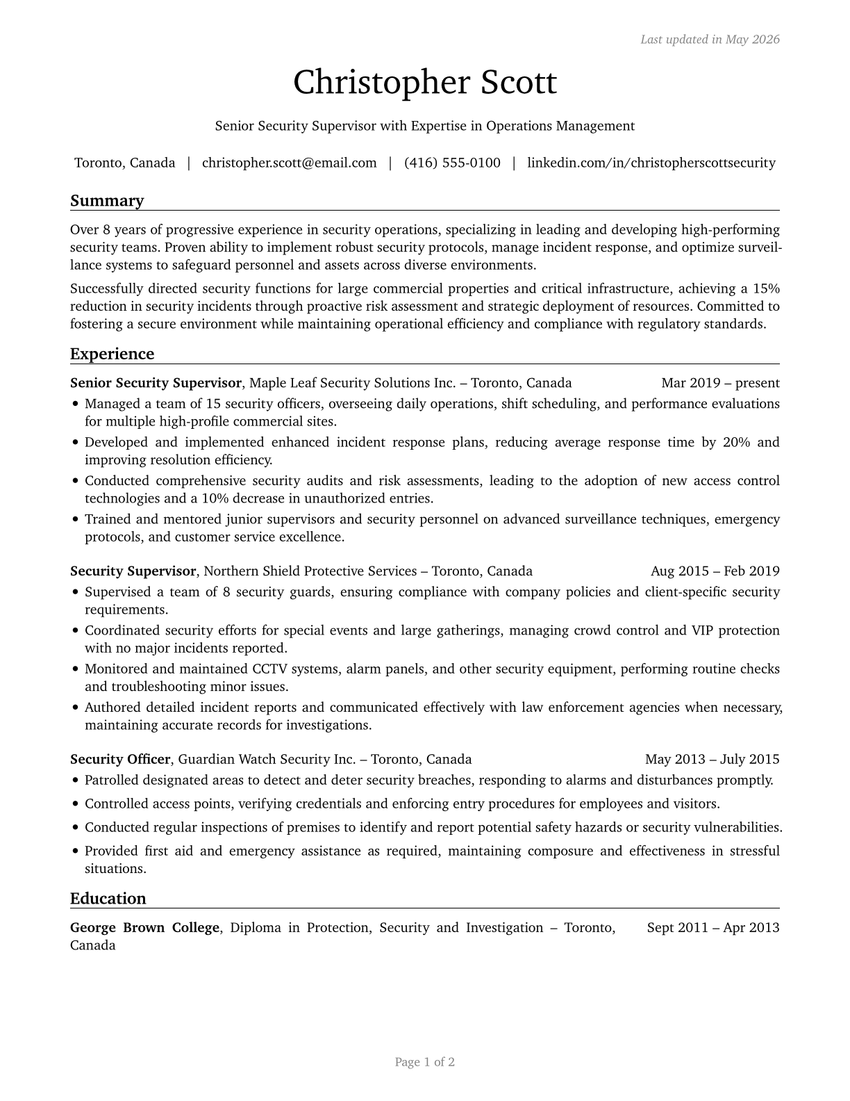 First-Line Supervisors of Security Workers CV in English — page 1