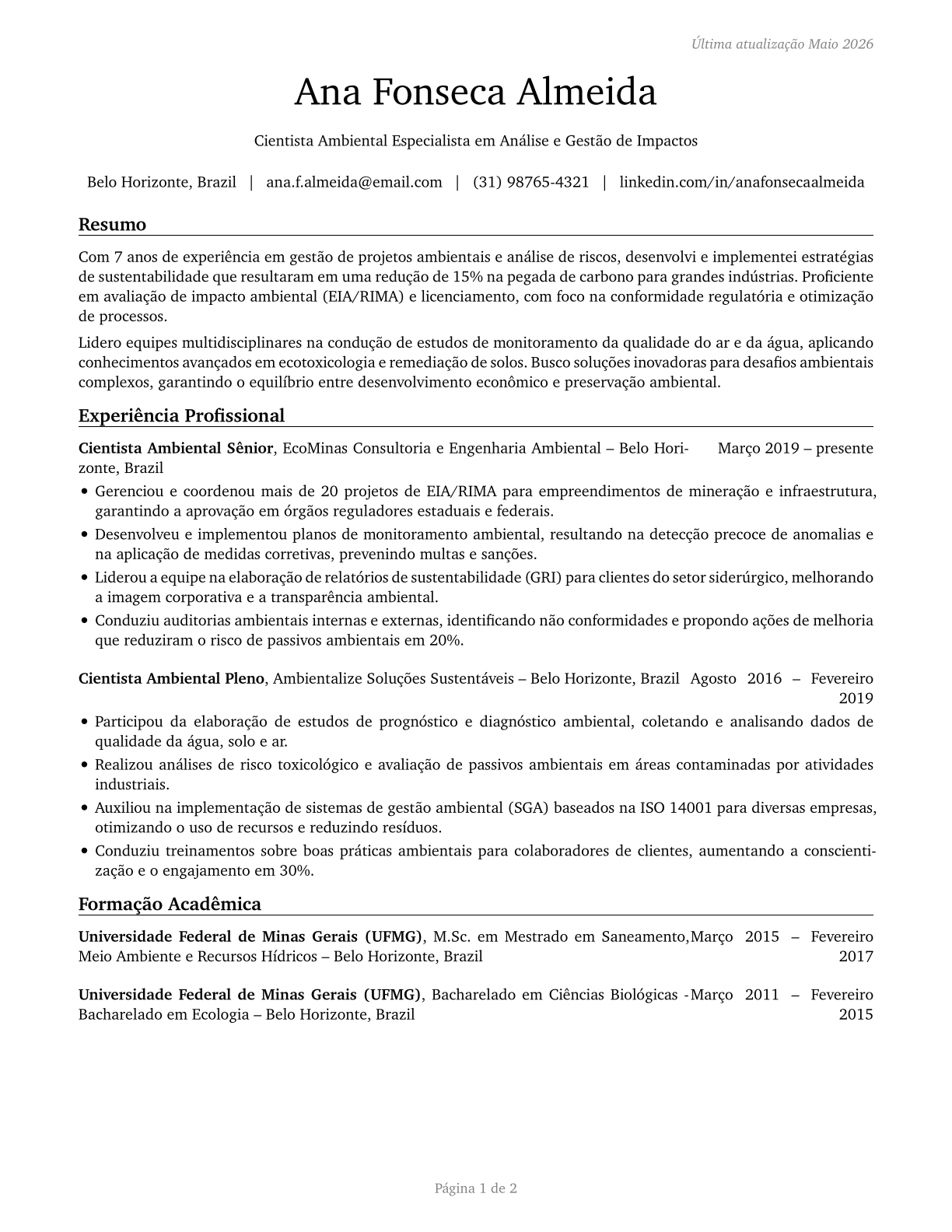 Environmental Scientists and Specialists, Including Health CV in Portuguese — page 1