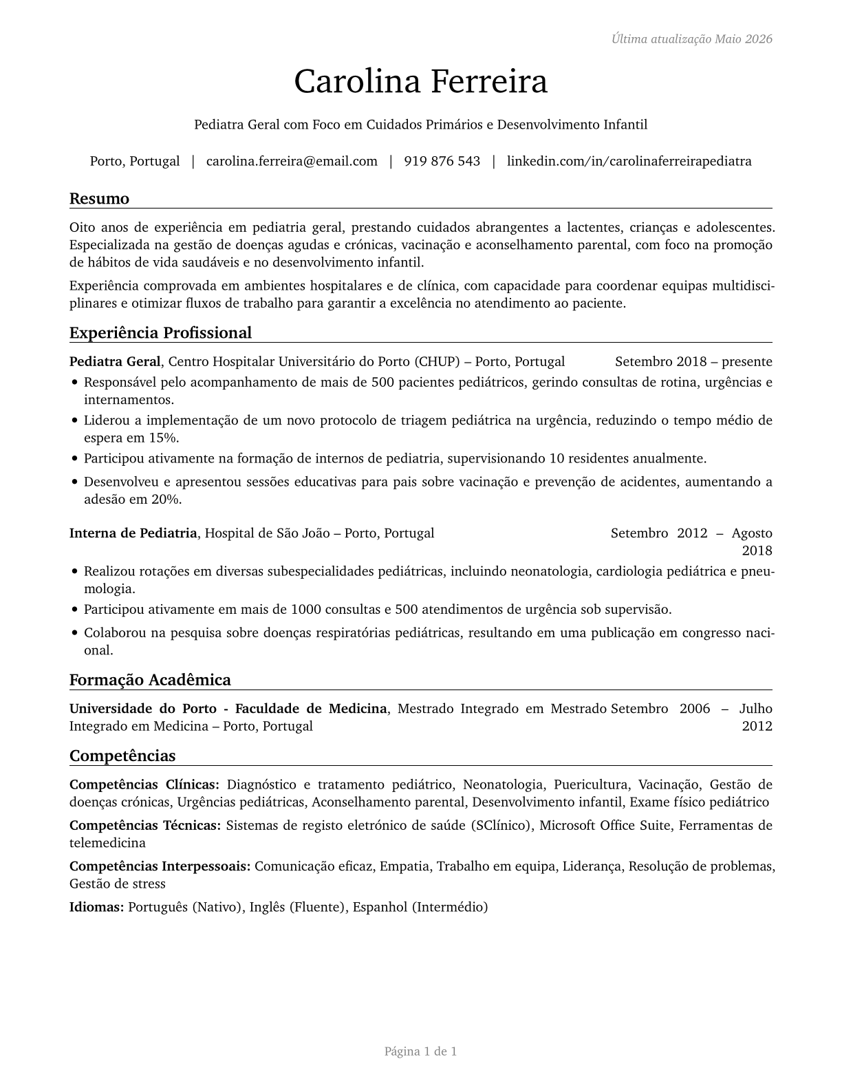 Pediatricians, General CV in Portuguese — page 1